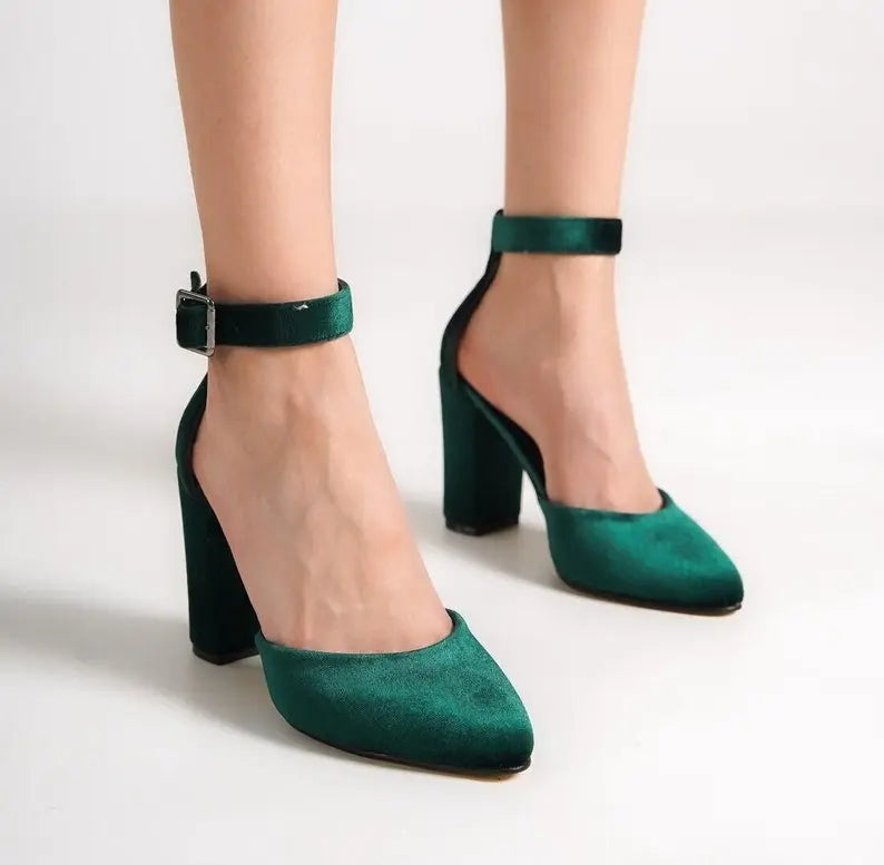 Dark Green Velvet Block Heel Bridal Heels VOWALISSE bridal shoes – view 1
