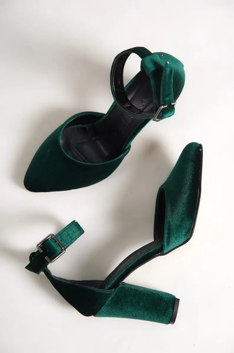 Dark Green Velvet Block Heel Bridal Heels VOWALISSE bridal shoes – view 3