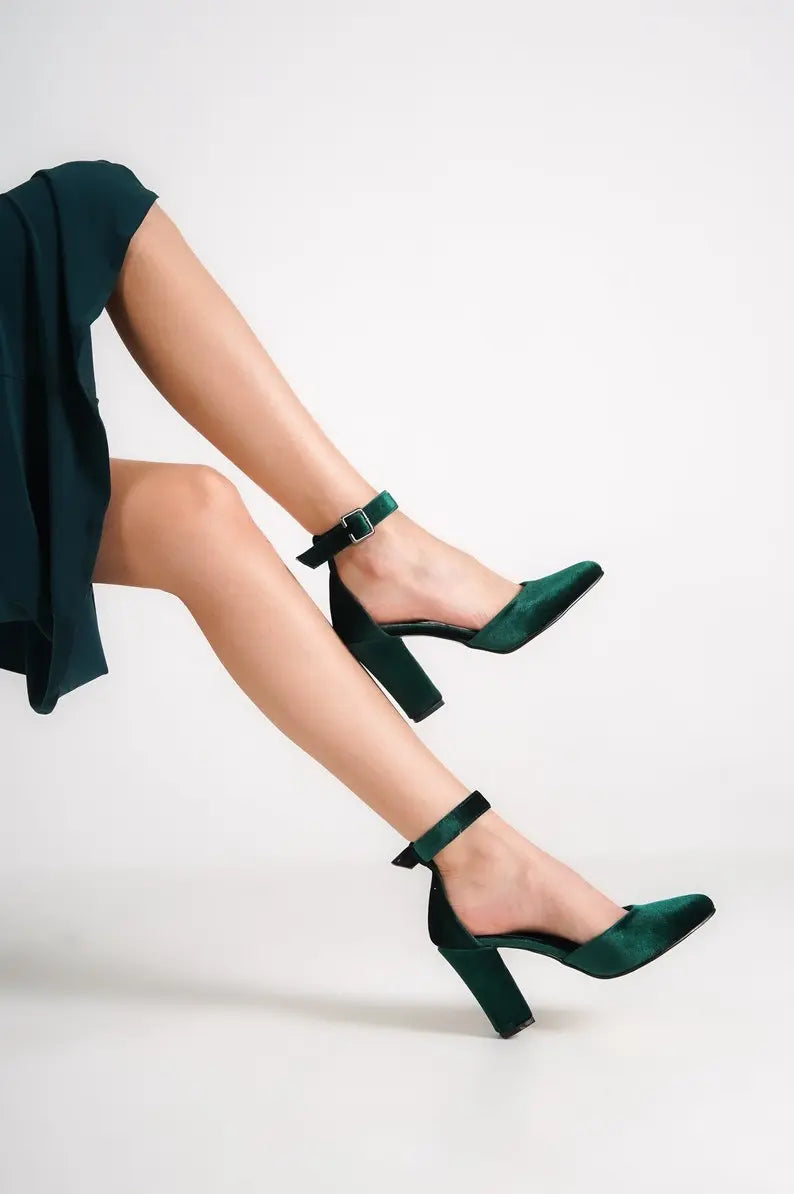 Dark Green Velvet Block Heel Bridal Heels VOWALISSE bridal shoes – view 2