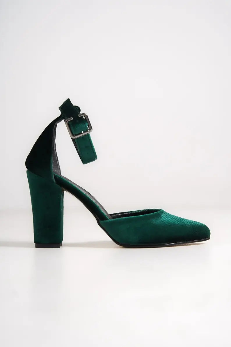 Dark Green Velvet Block Heel Bridal Heels VOWALISSE bridal shoes – view 5