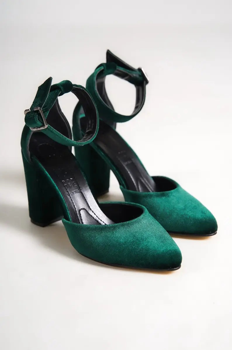 Dark Green Velvet Block Heel Bridal Heels VOWALISSE bridal shoes – view 10