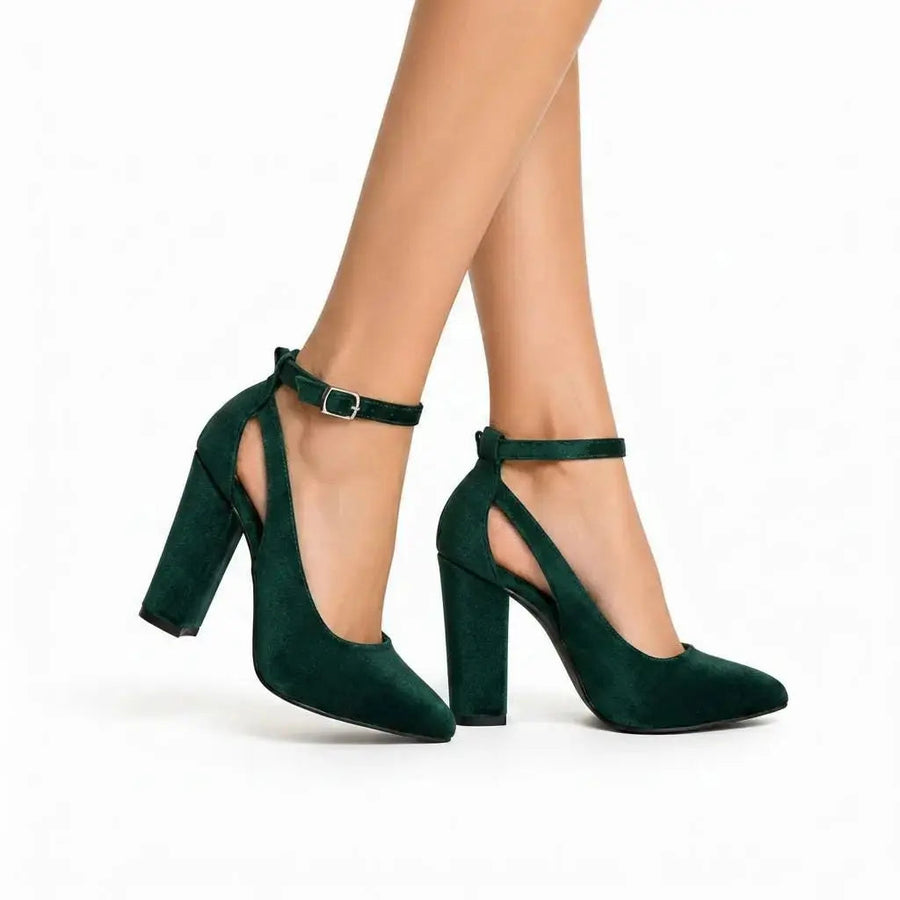 Emerald Green Velvet Block Heel Bridal Heels | VOWALISSE