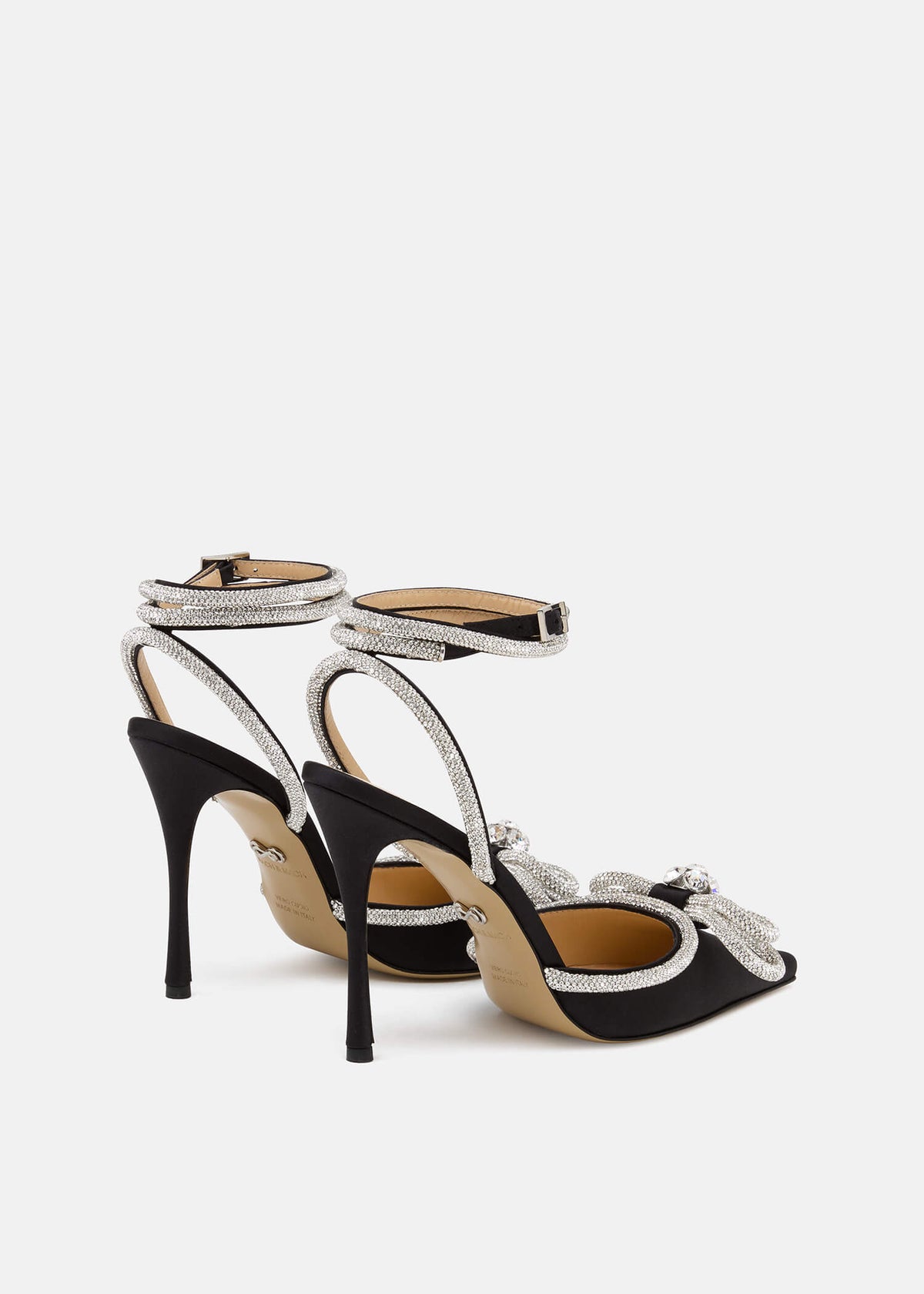 Gaia Black Double Bow Pumps – heel view showing double bow, crystal, satin, black, Vowalisse