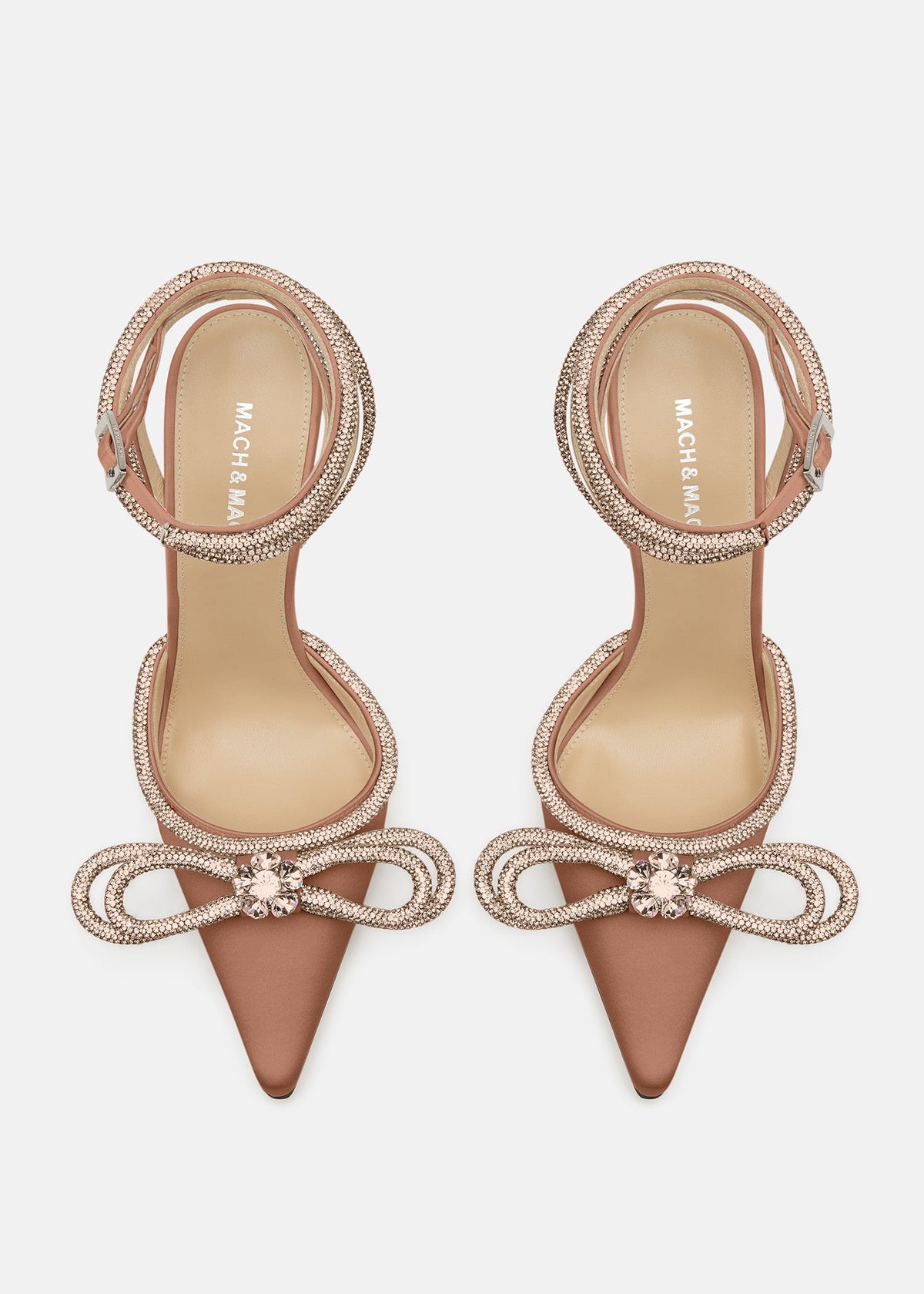 Magnolia Golden Brown Double Bow Shoes – crystal detail view showing double bow, satin, gold, brown, Vowalisse