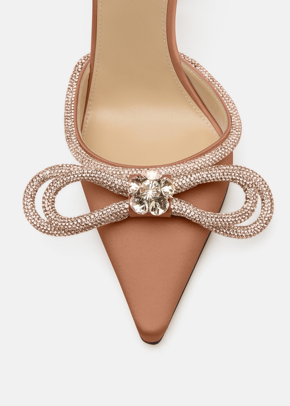 Magnolia Golden Brown Double Bow Shoes – rear view showing double bow, satin, gold, brown, Vowalisse