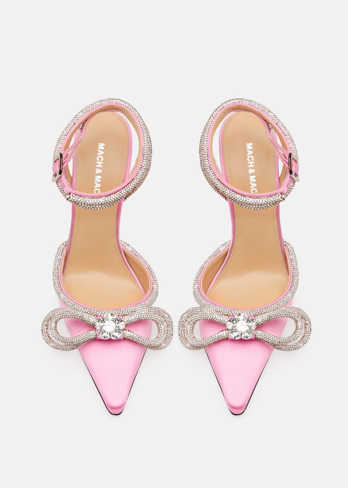 Elisa Pink Double Bow Pumps – crystal detail view showing double bow, crystal, satin, pink, Vowalisse