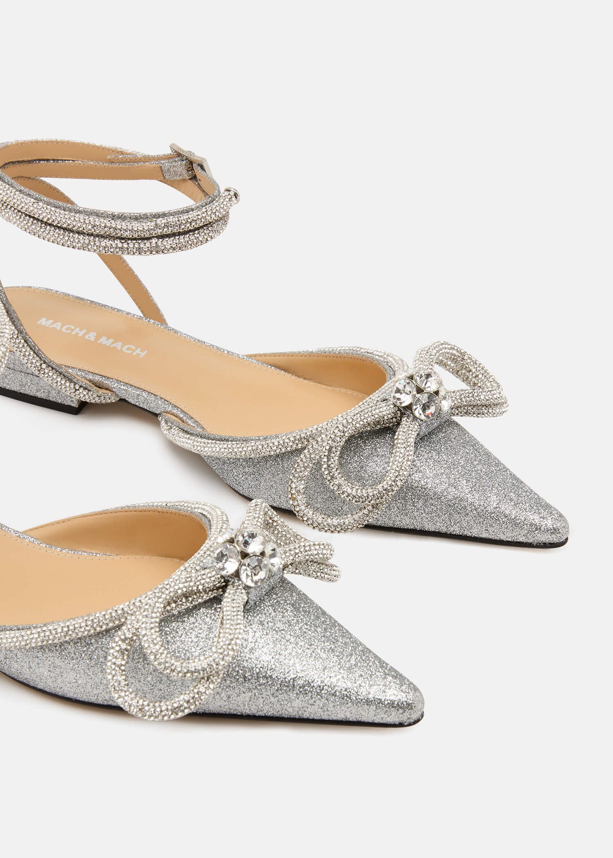 Diana Silver Double Bow Flats – rear view showing double bow, crystal, satin, glitter, Vowalisse