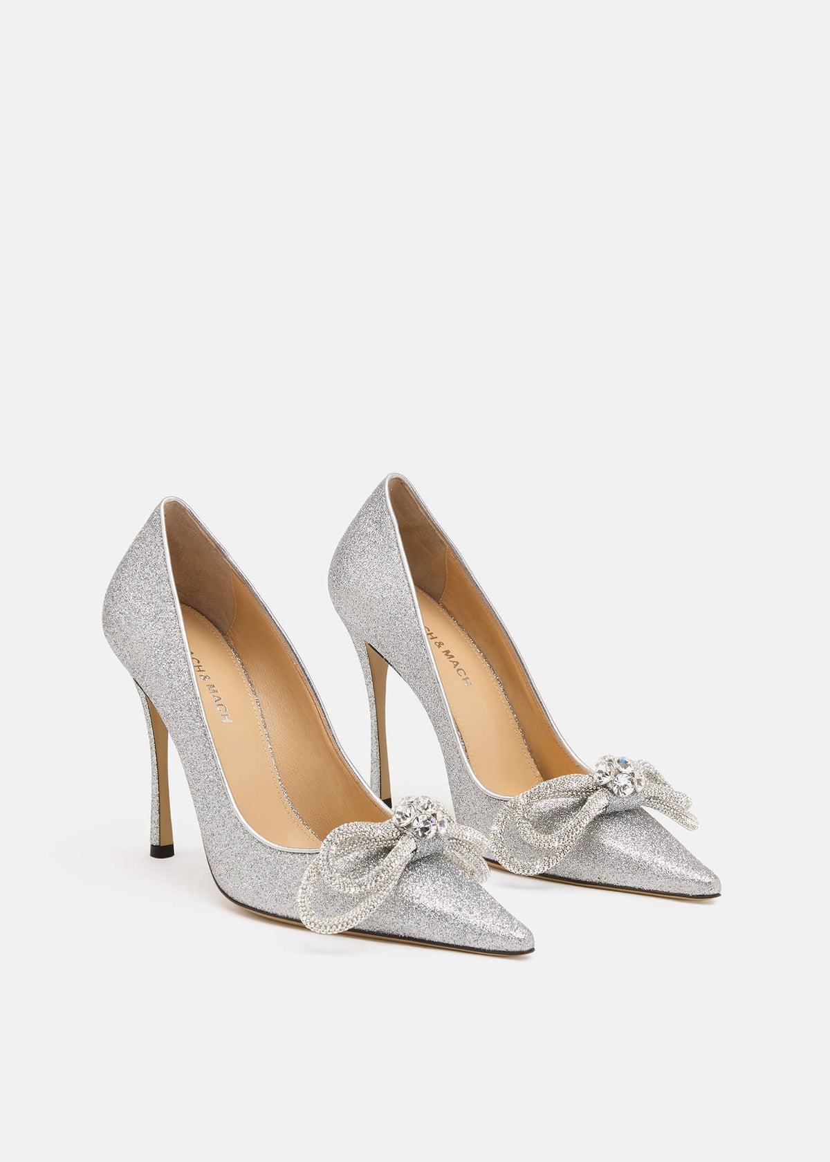 Adeline Silver Double Bow Pumps – side profile showing double bow, crystal, satin, glitter, Vowalisse