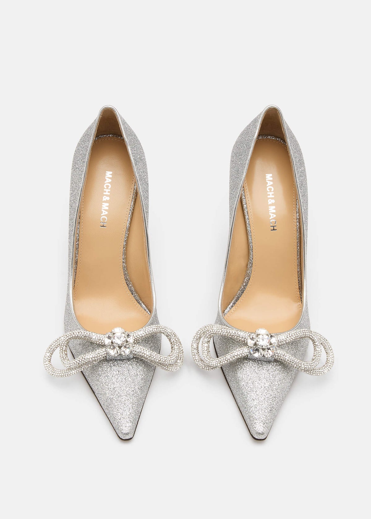 Adeline Silver Double Bow Pumps – crystal detail view showing double bow, crystal, satin, glitter, Vowalisse