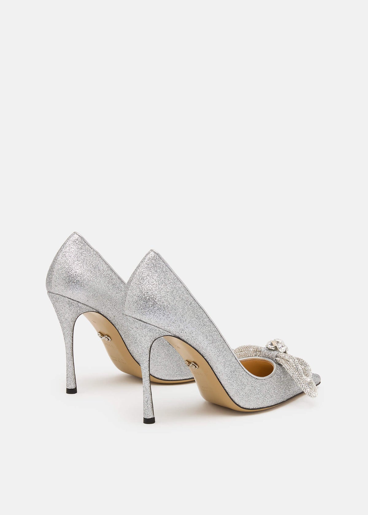 Adeline Silver Double Bow Pumps – heel view showing double bow, crystal, satin, glitter, Vowalisse