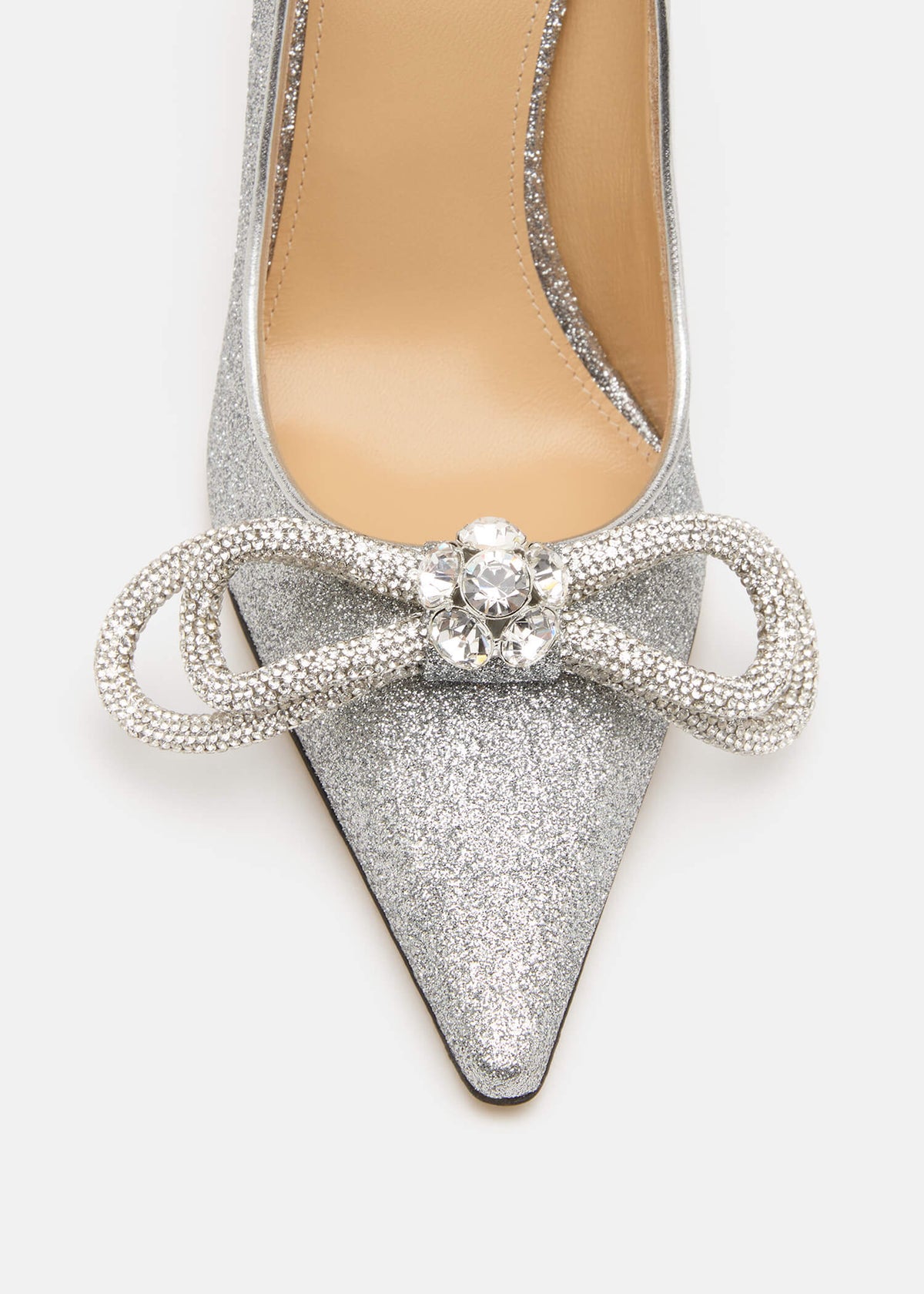Adeline Silver Double Bow Pumps – rear view showing double bow, crystal, satin, glitter, Vowalisse