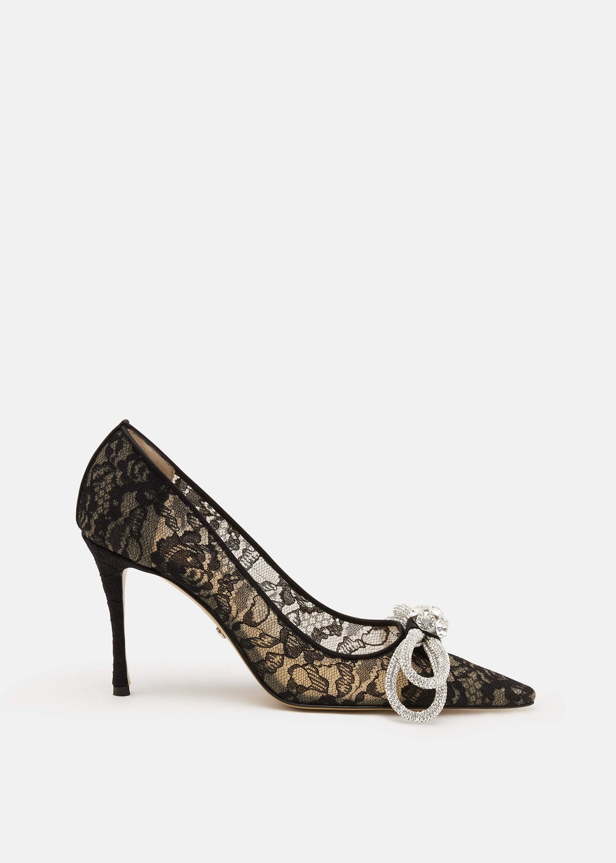 Zahara Black Double Bow Pumps – front three-quarter view showing double bow, crystal, lace, black, Vowalisse