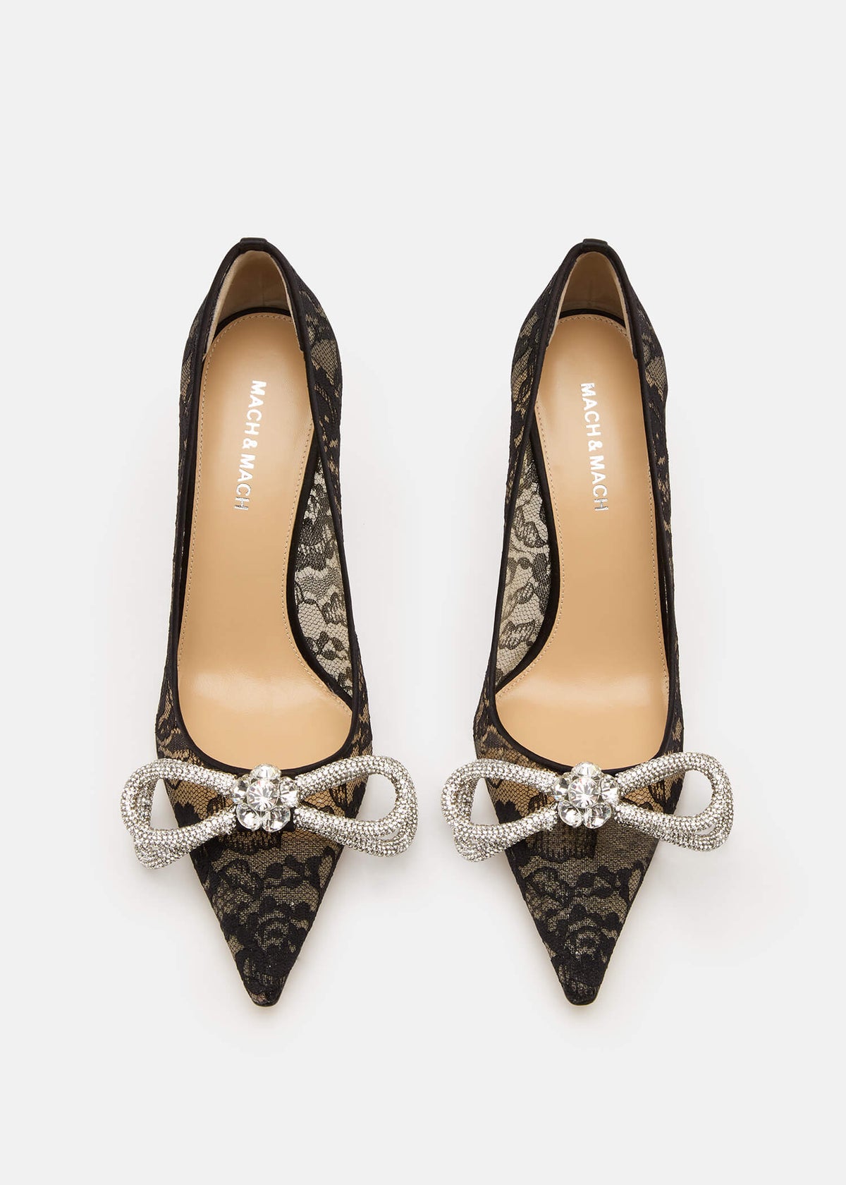 Zahara Black Double Bow Pumps – crystal detail view showing double bow, crystal, lace, black, Vowalisse