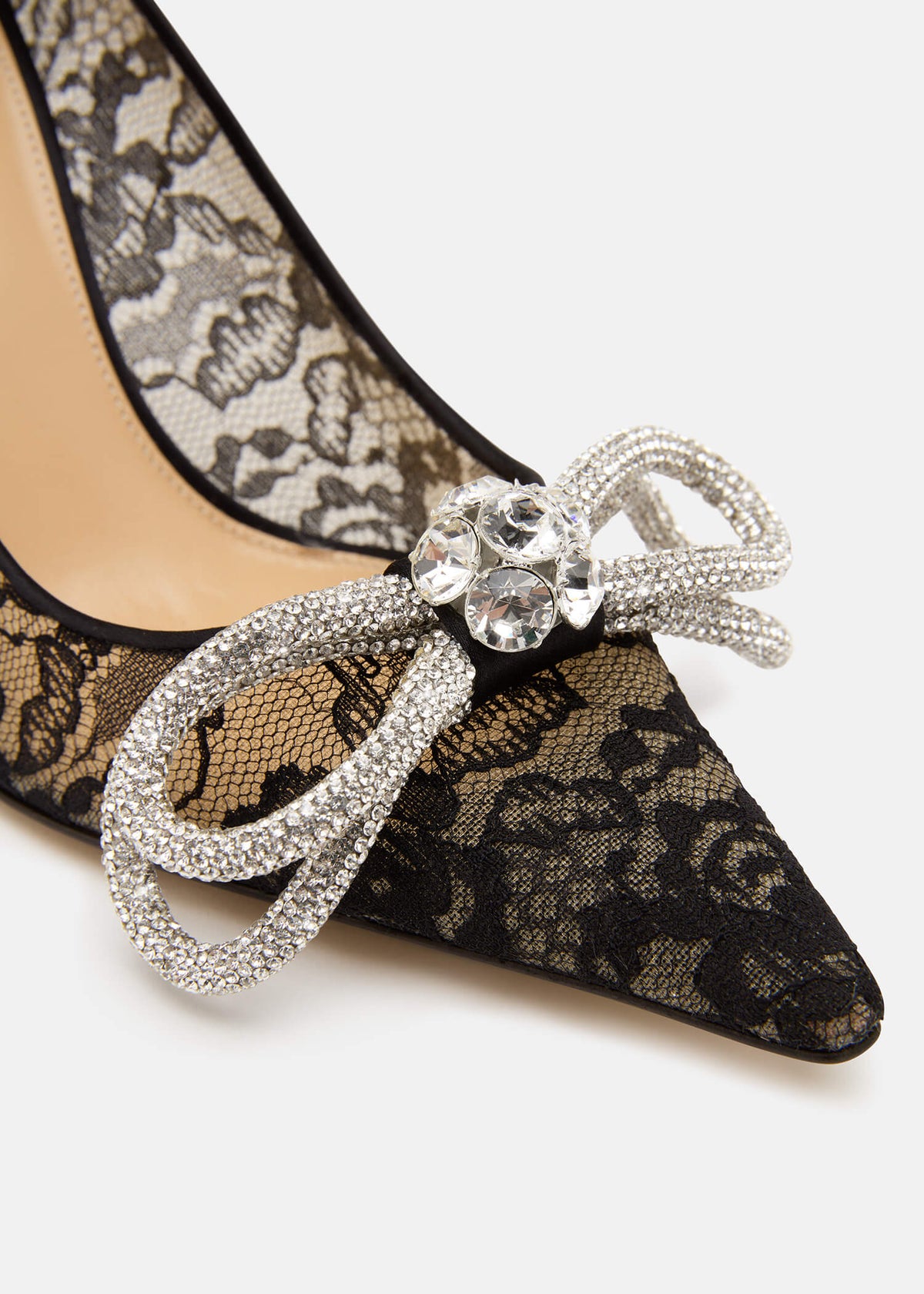 Zahara Black Double Bow Pumps – rear view showing double bow, crystal, lace, black, Vowalisse