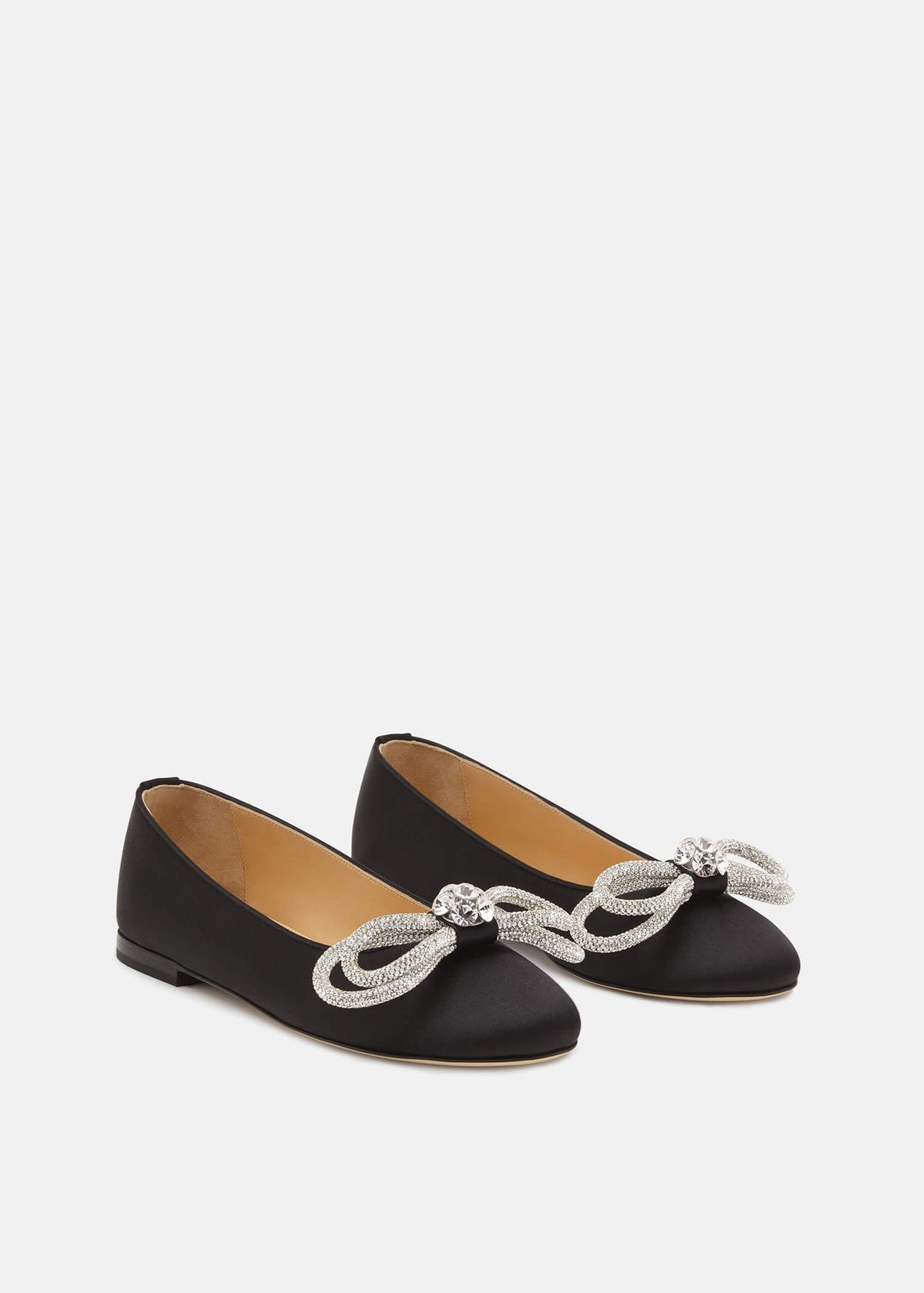 Yvette Black Double Bow Flats – side profile showing double bow, crystal, satin, black, Vowalisse