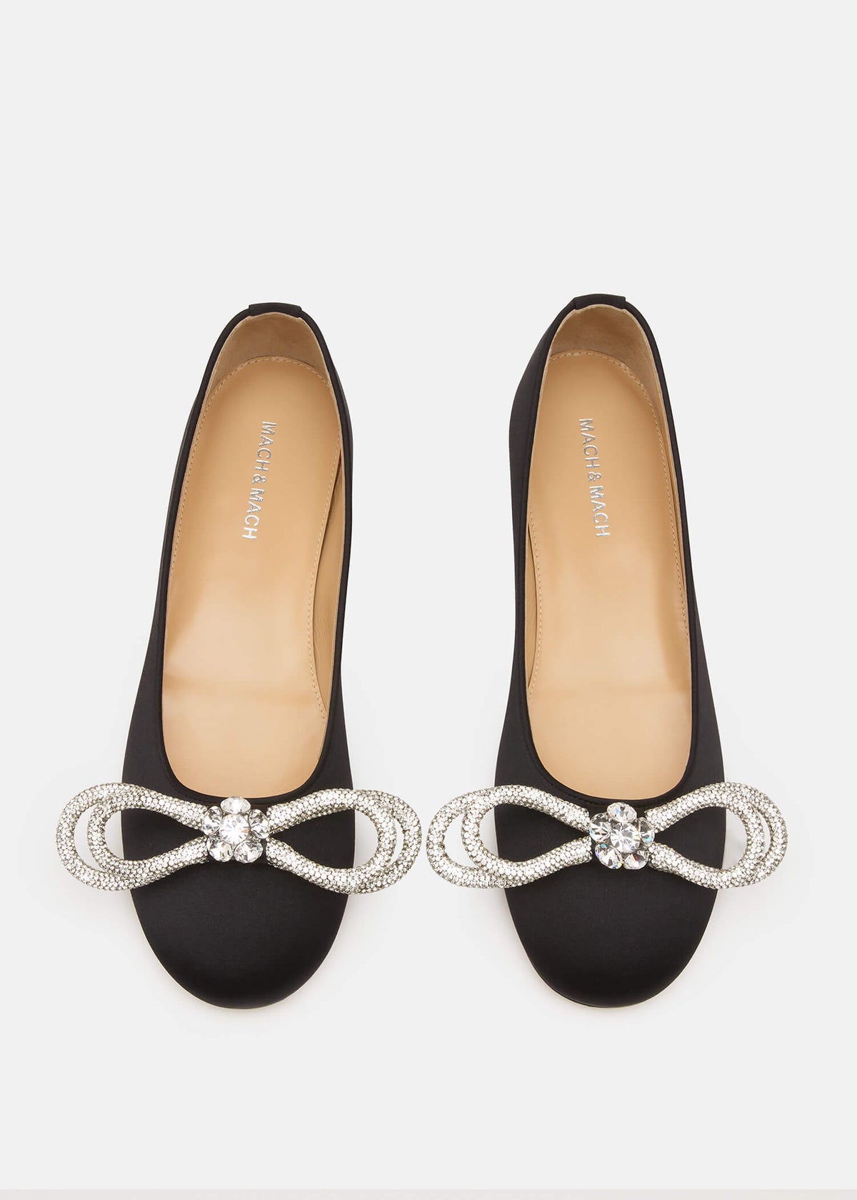 Yvette Black Double Bow Flats – crystal detail view showing double bow, crystal, satin, black, Vowalisse