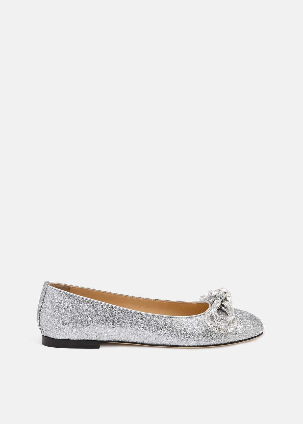 Xanthe Silver Double Bow Flats – front three-quarter view showing double bow, crystal, glitter, silver, Vowalisse