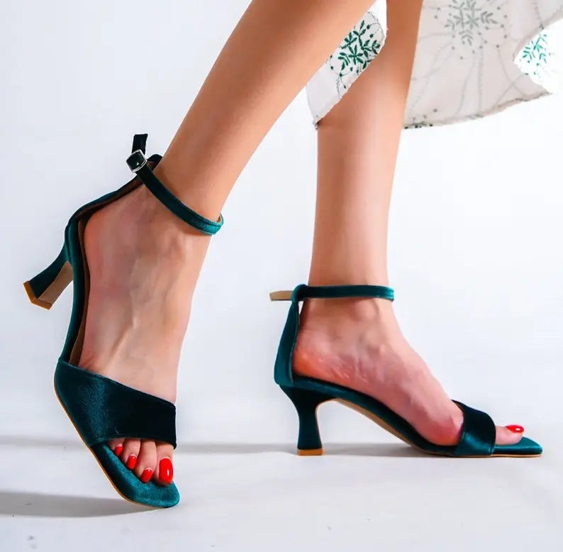 Green Velvet Ankle Strap Bridal Heels VOWALISSE bridal shoes – view 1