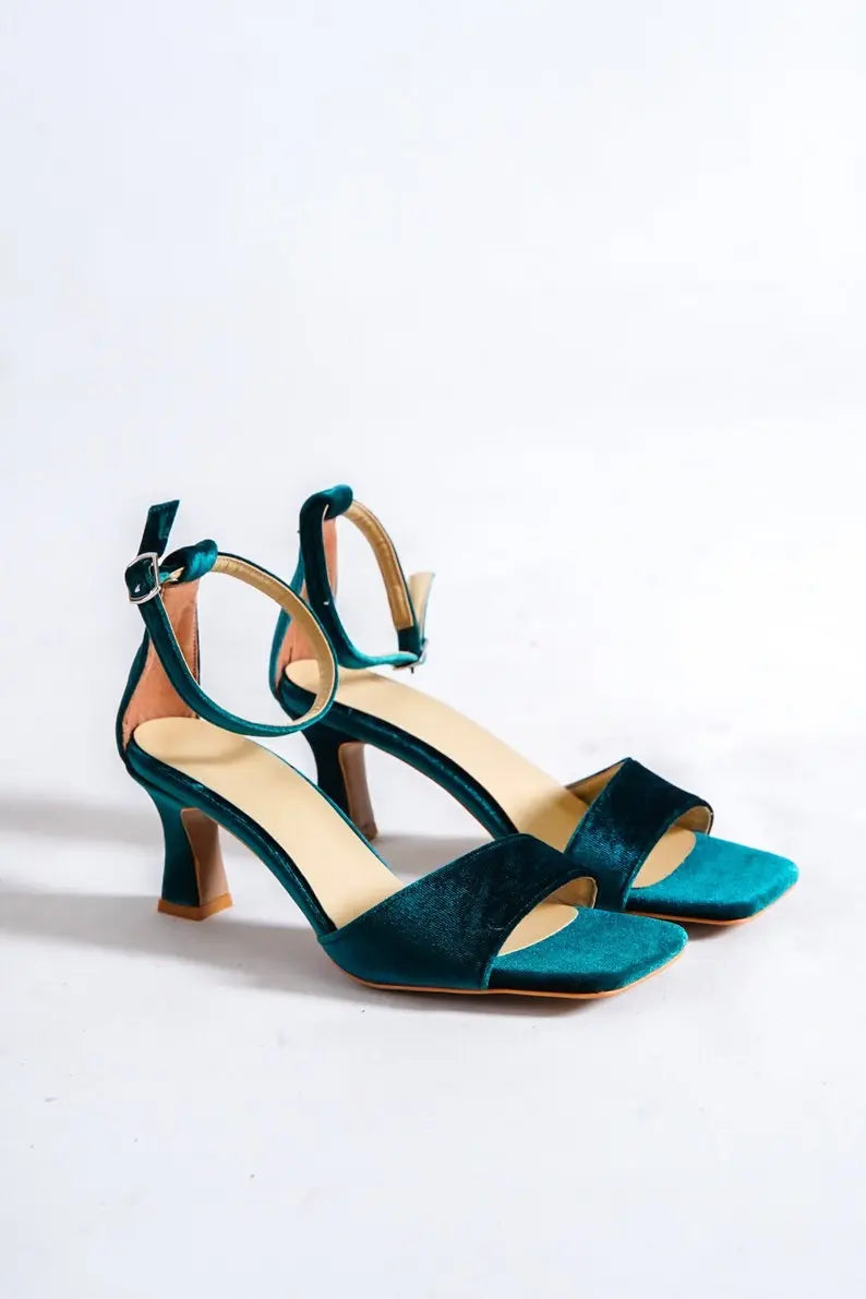 Green Velvet Ankle Strap Bridal Heels VOWALISSE bridal shoes – view 3