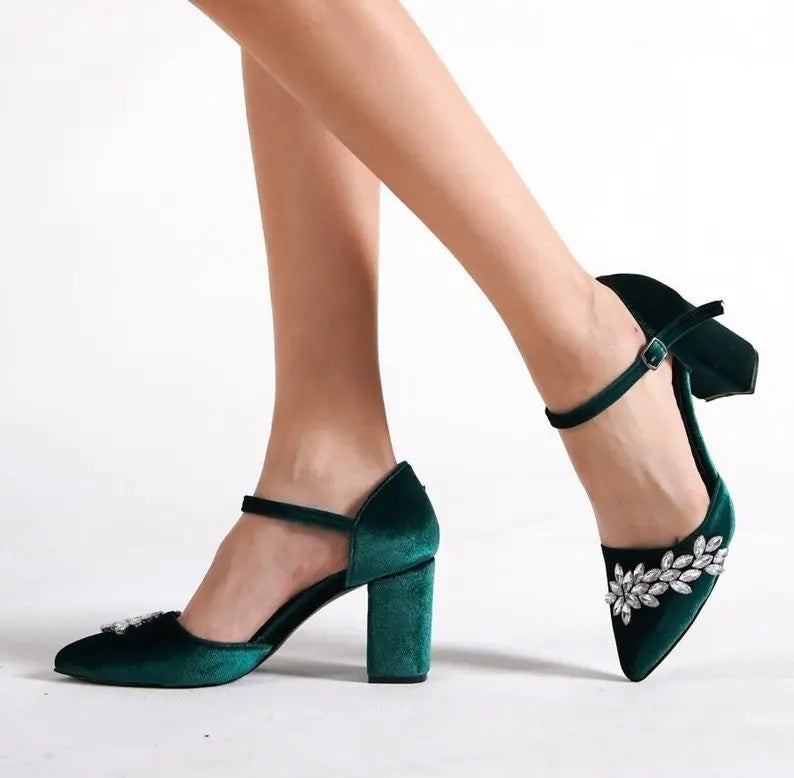 Green Velvet High Heel Bridal Heels VOWALISSE bridal shoes – view 1