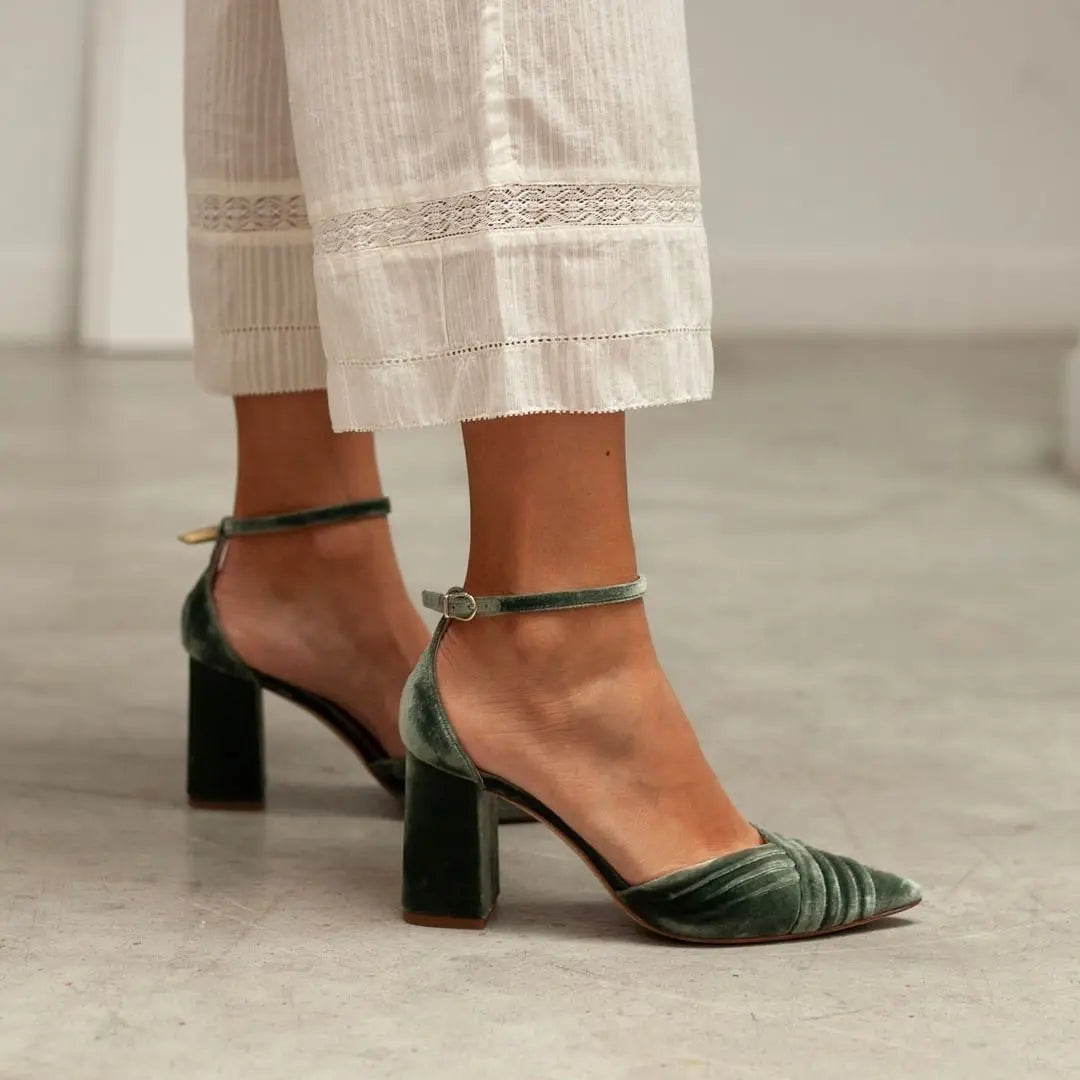 Tilda Green Velvet Block Heel Bridal Heels VOWALISSE bridal shoes – view 1