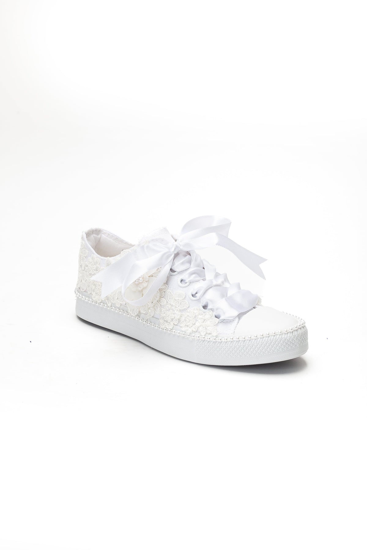 Marvelle Pearl Lace Bridal Sneaker – front three-quarter view showing pearl, lace, satin, Vowalisse