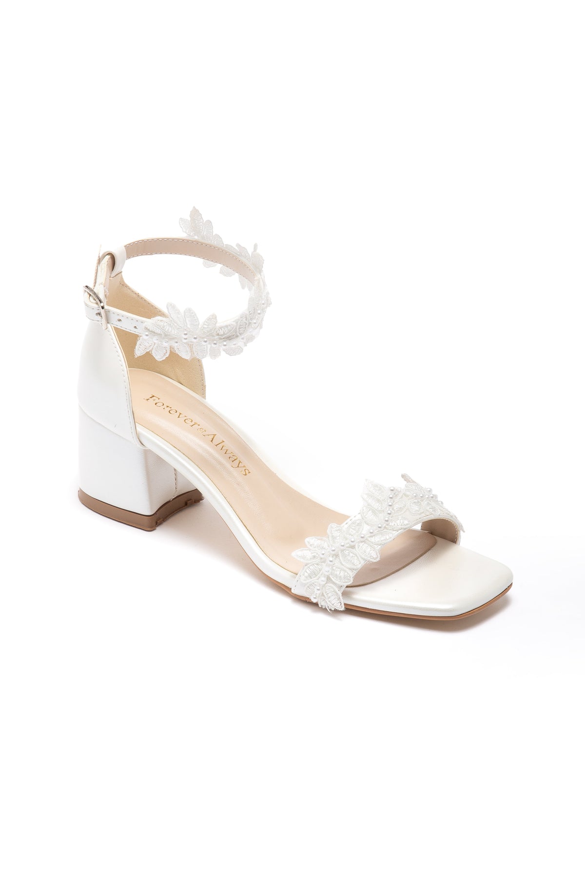 Elodie Bridal Block Heel Sandals – front three-quarter view showing pearl, lace, red, Vowalisse