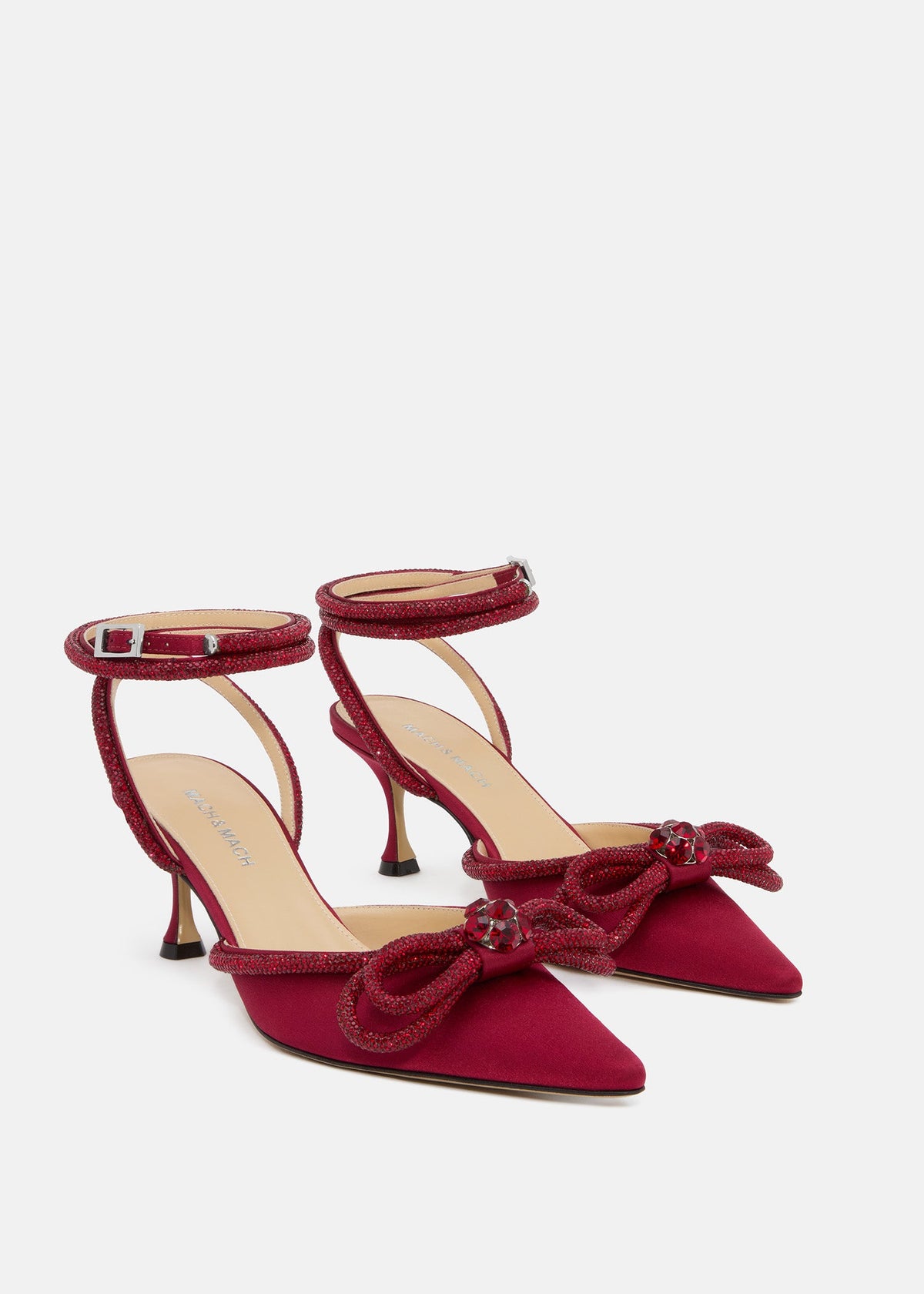 Aveline Bordeaux Double Bow Shoes – side profile showing double bow, crystal, satin, Vowalisse