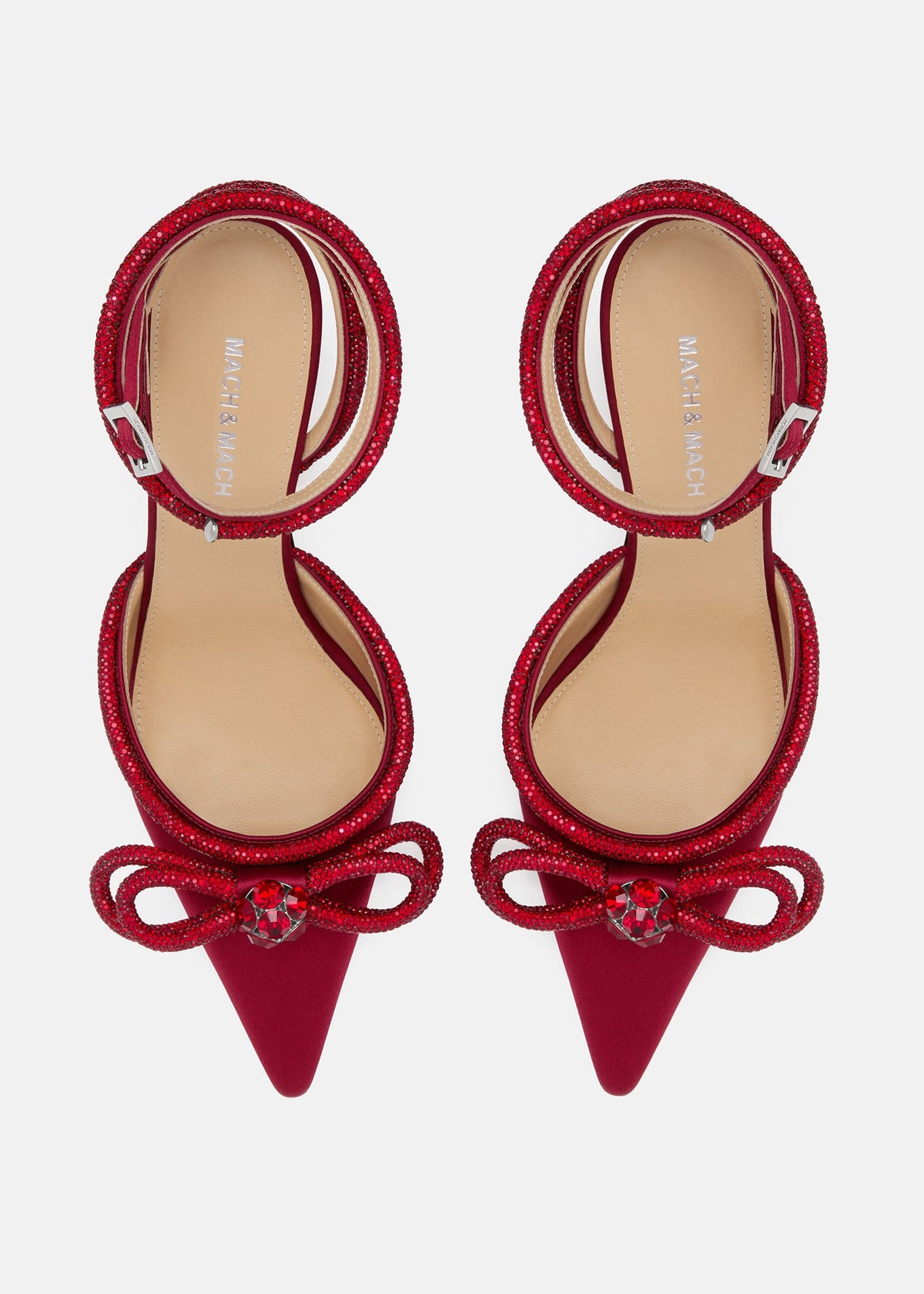 Aveline Bordeaux Double Bow Shoes – crystal detail view showing double bow, crystal, satin, Vowalisse