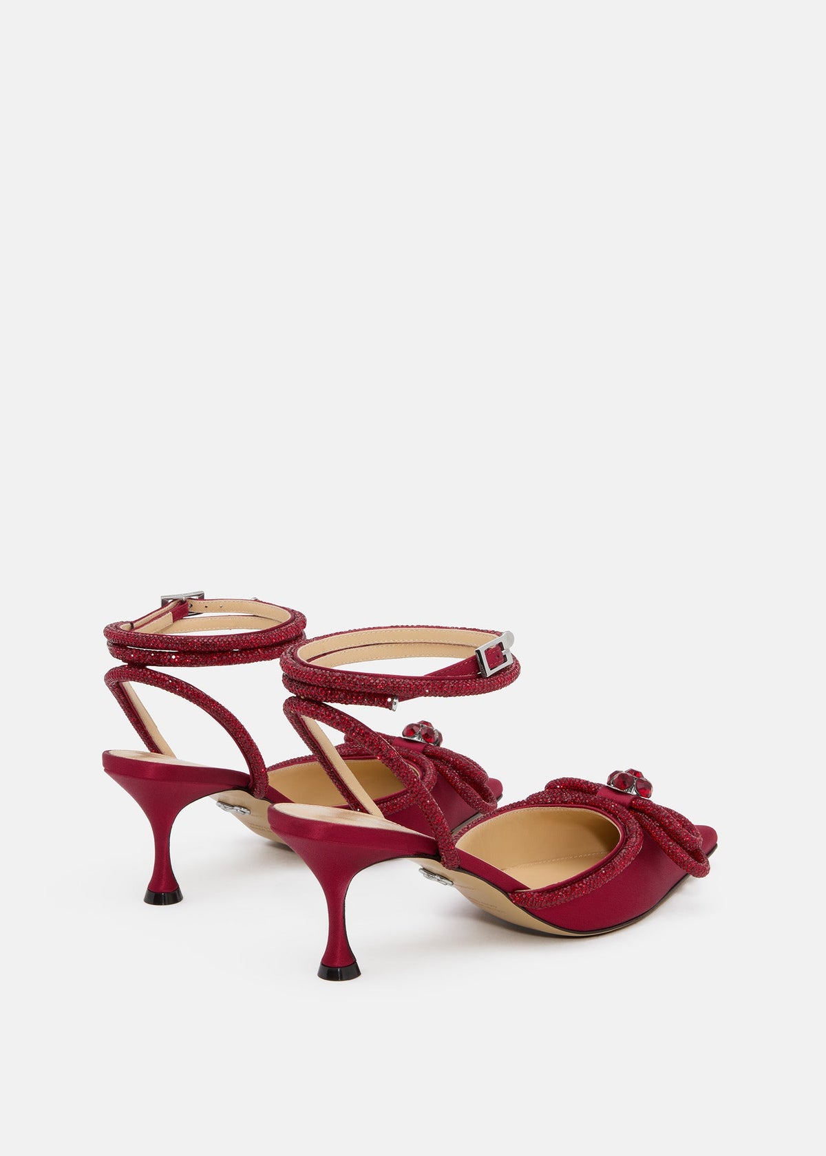 Aveline Bordeaux Double Bow Shoes – heel view showing double bow, crystal, satin, Vowalisse
