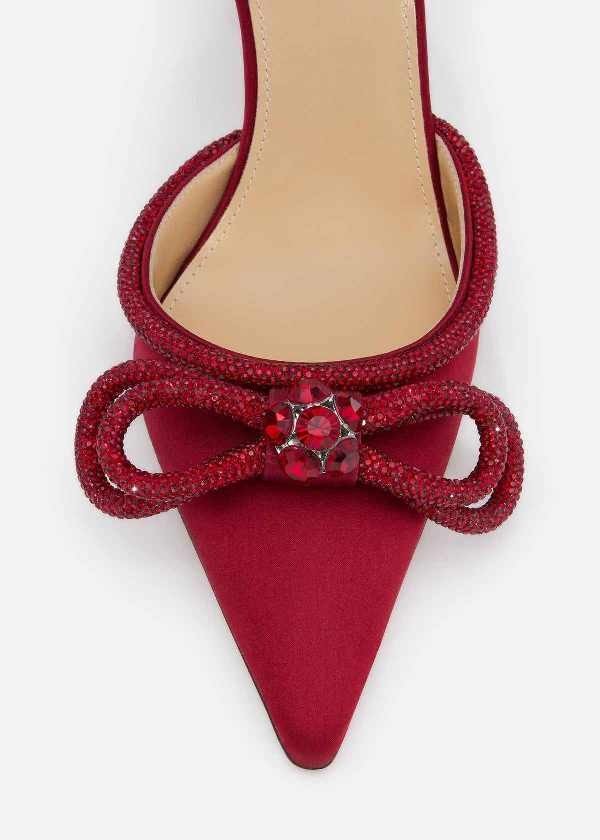 Florence Bordeaux Double Bow Shoes – rear view showing double bow, crystal, satin, Vowalisse