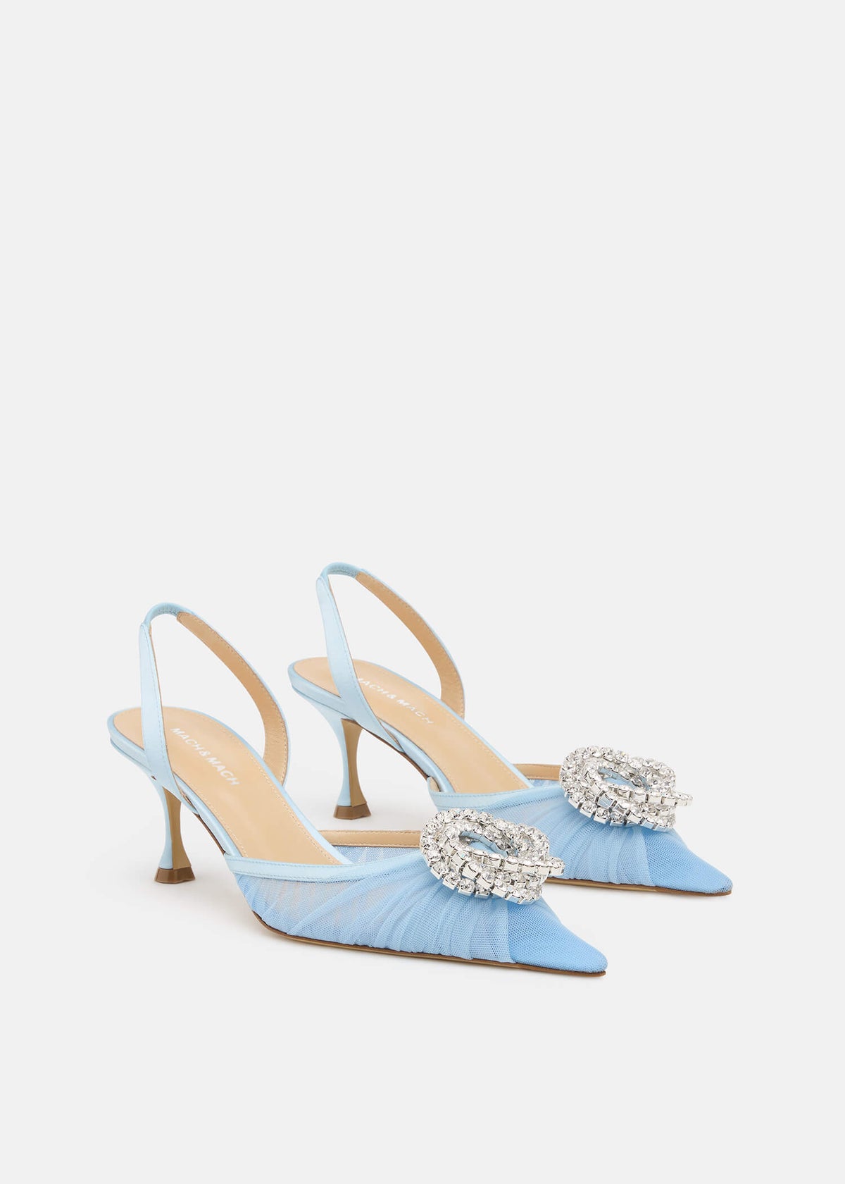 Thalia Blue Crystal Slingbacks – side profile showing crystal, metallic, tulle, blue, Vowalisse