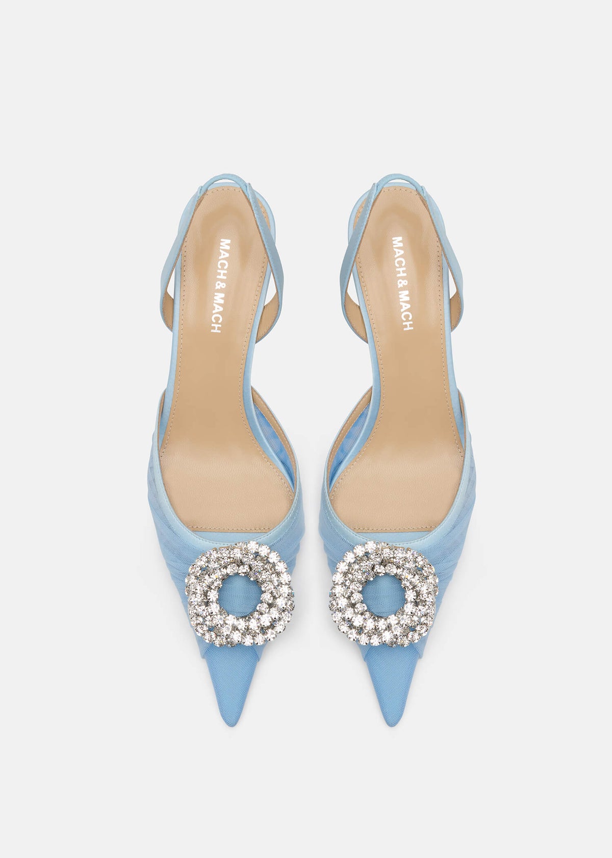 Thalia Blue Crystal Slingbacks – crystal detail view showing crystal, metallic, tulle, blue, Vowalisse