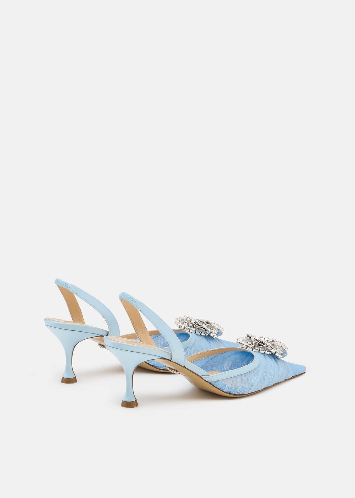 Thalia Blue Crystal Slingbacks – heel view showing crystal, metallic, tulle, blue, Vowalisse