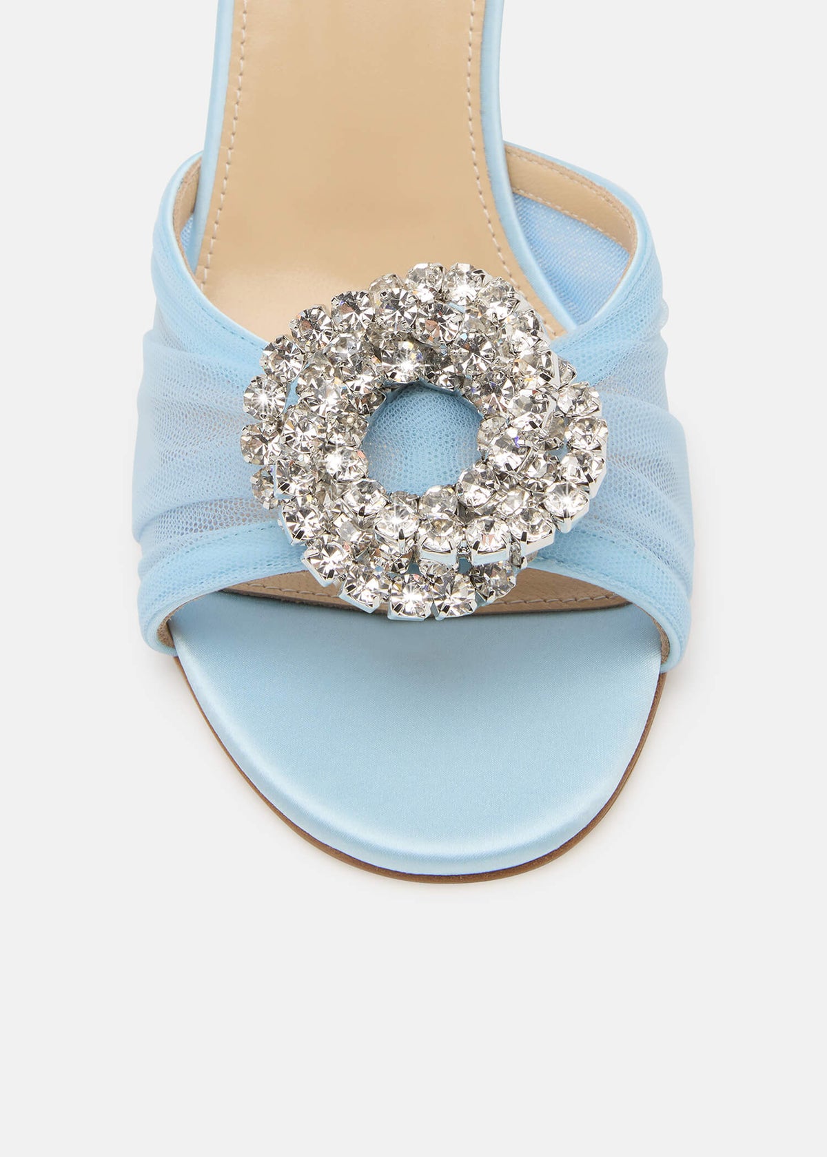 Renata Blue Crystal Mules – rear view showing crystal, tulle, red, nude, Vowalisse