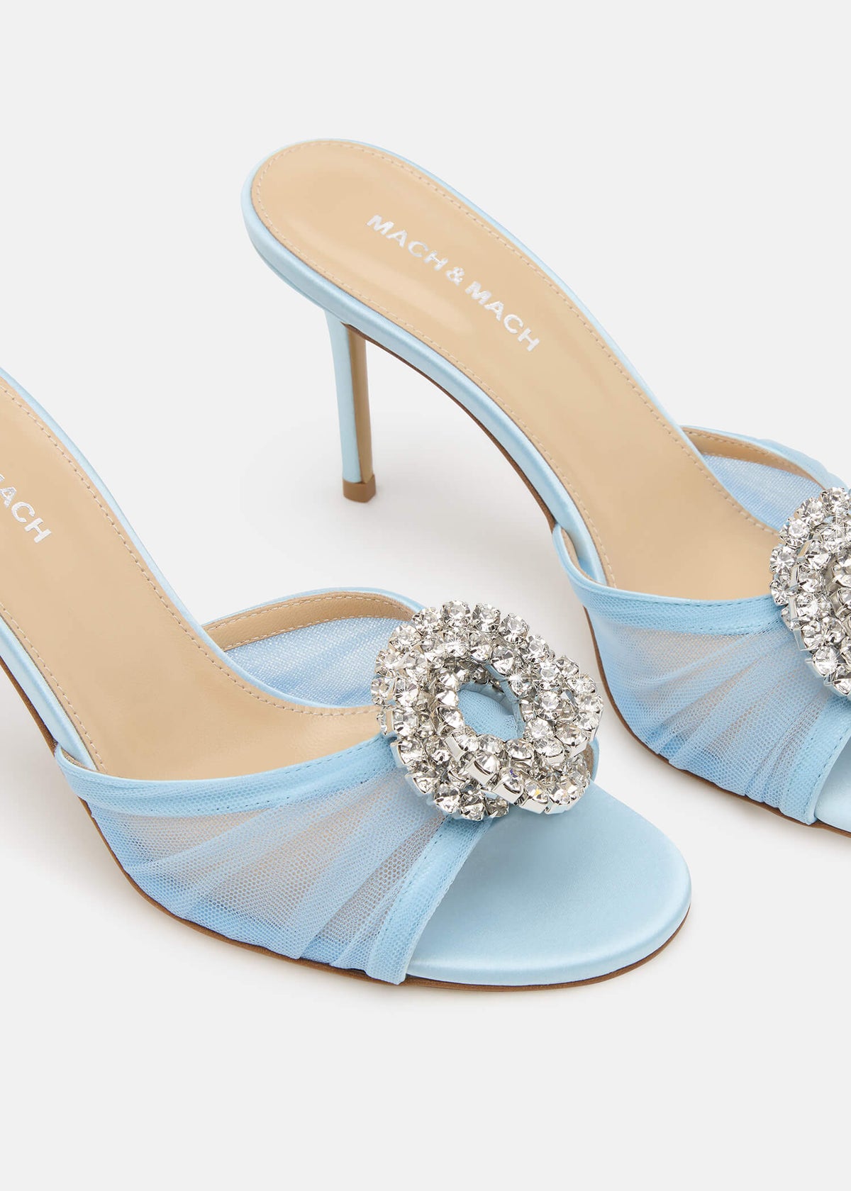 Renata Blue Crystal Mules – top view showing crystal, tulle, red, nude, Vowalisse