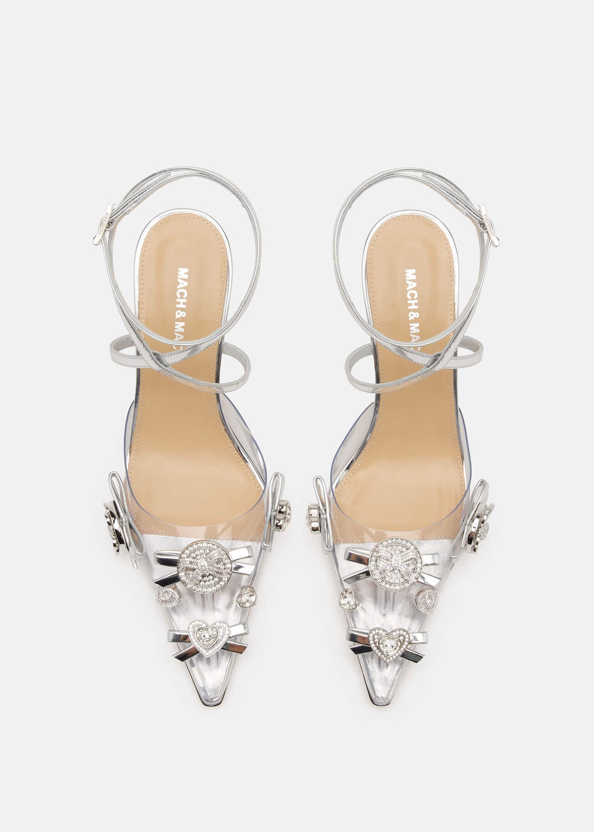 Josephine Silver Crystal Pumps – crystal detail view showing crystal, silver, red, Vowalisse