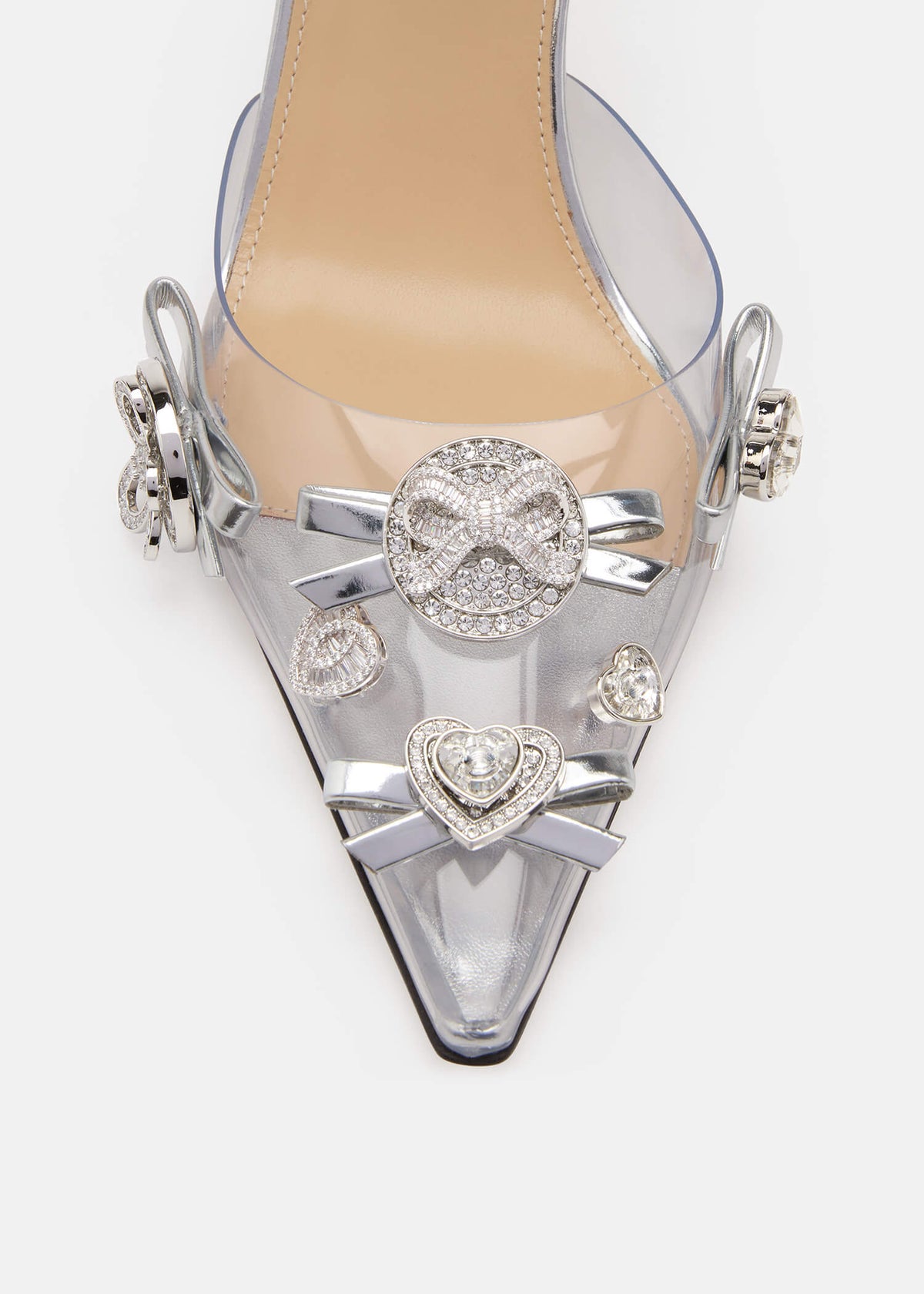 Josephine Silver Crystal Pumps – rear view showing crystal, silver, red, Vowalisse