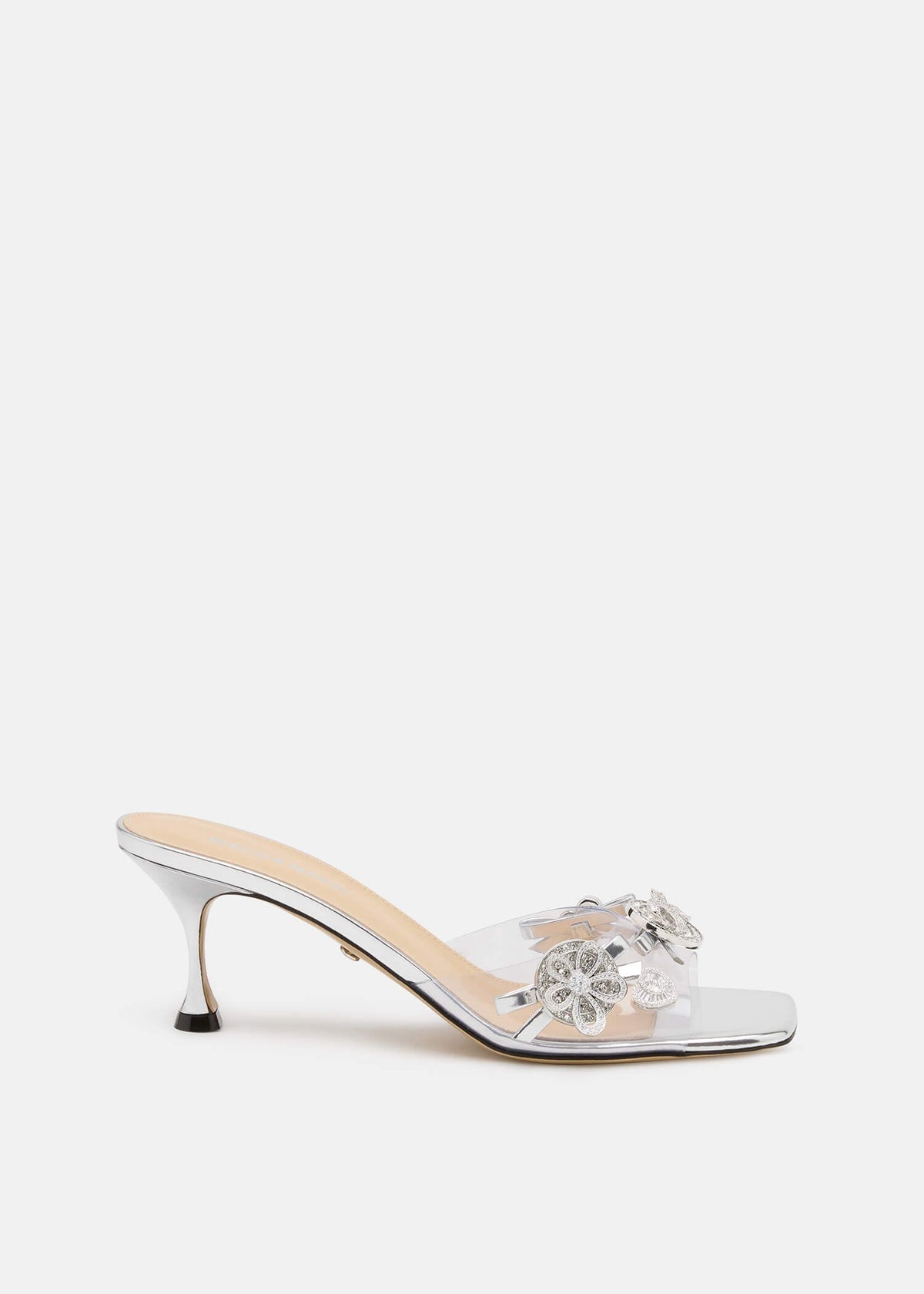 Ilaria Silver Crystal Mules – front three-quarter view showing crystal, silver, Vowalisse