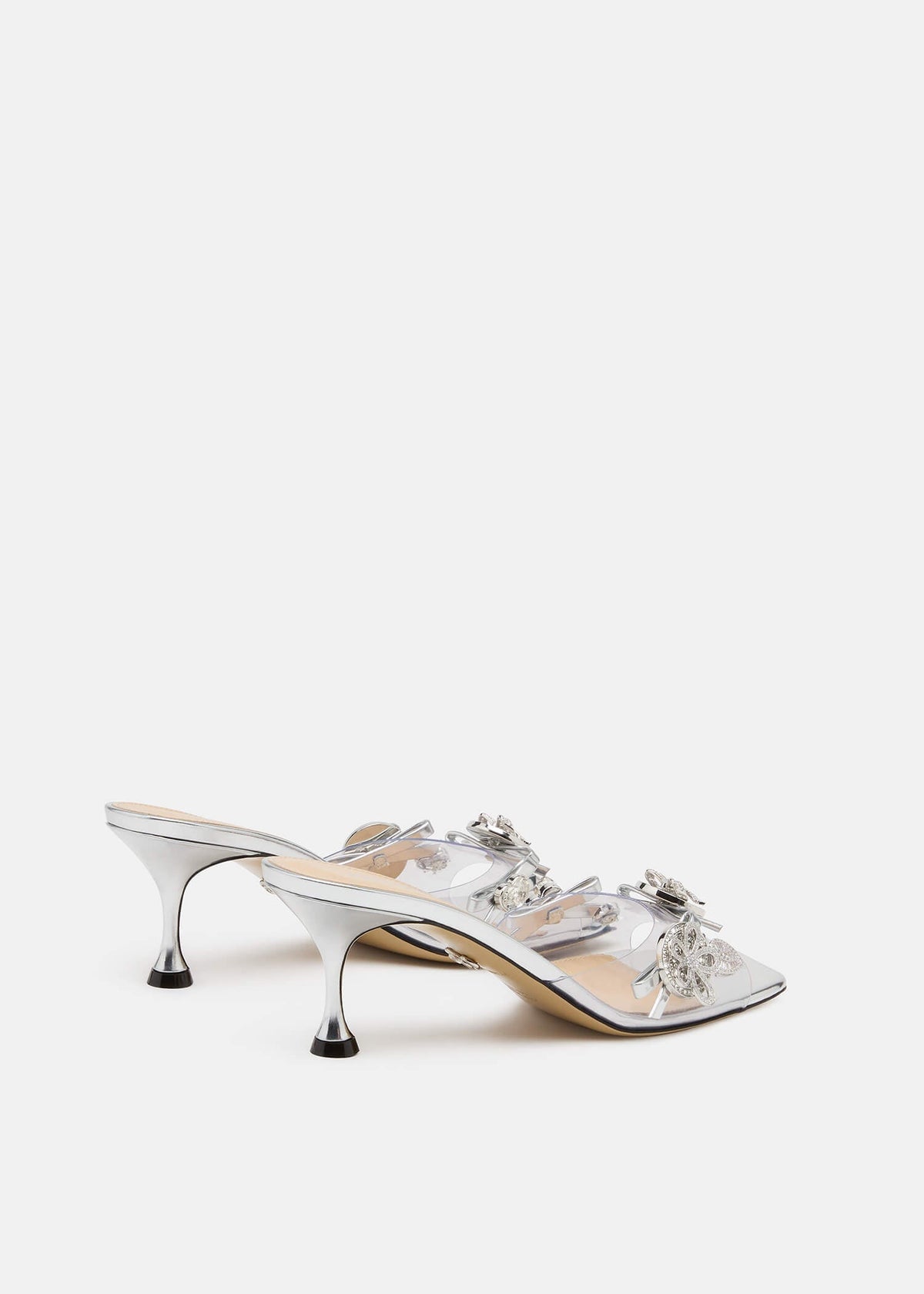 Ilaria Silver Crystal Mules – heel view showing crystal, silver, Vowalisse