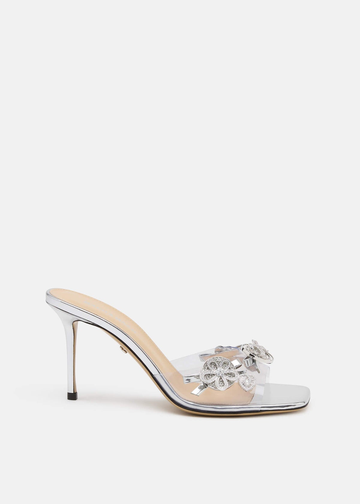 Helena Silver Crystal Mules – front three-quarter view showing crystal, Vowalisse