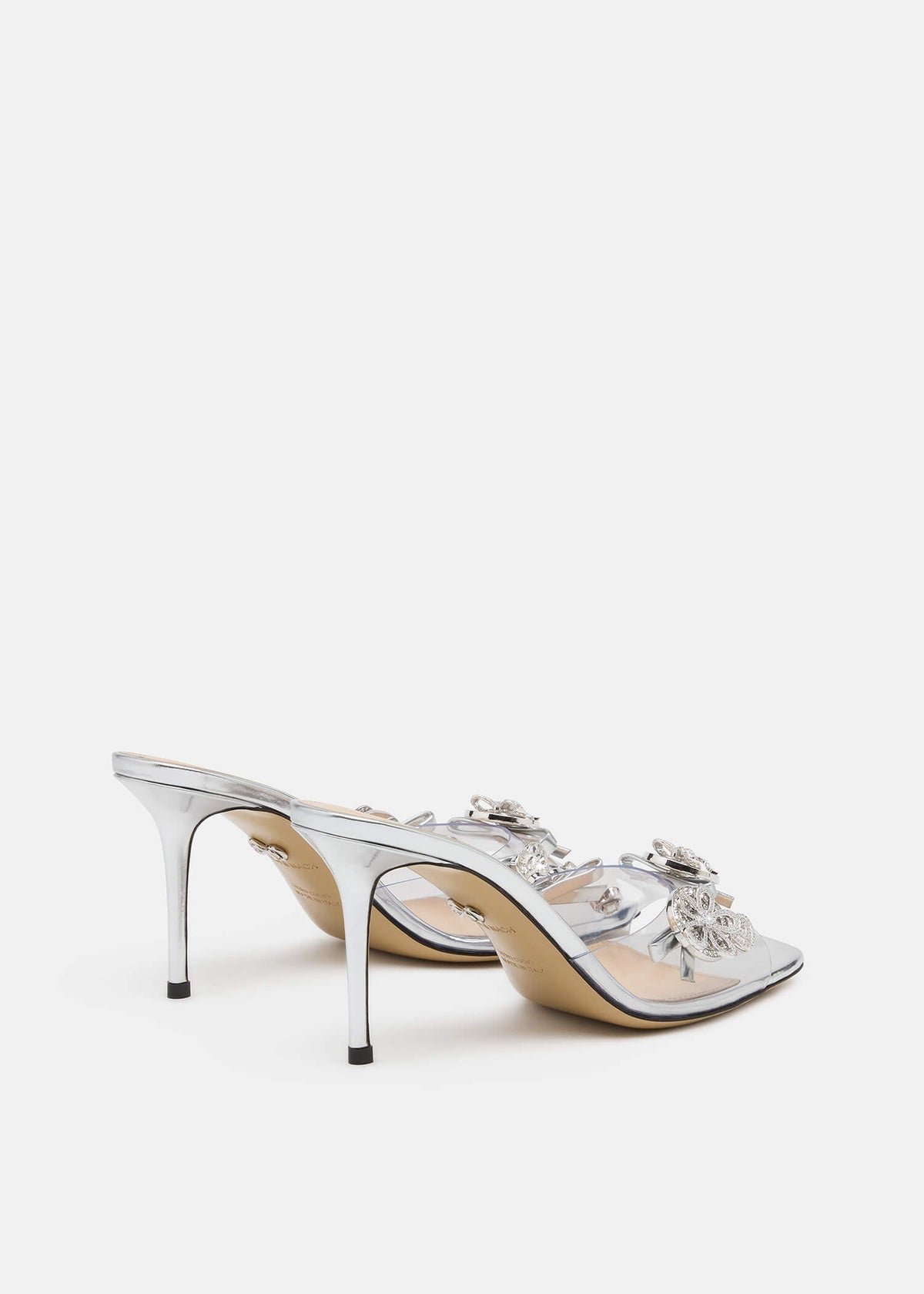 Helena Silver Crystal Mules – heel view showing crystal, Vowalisse