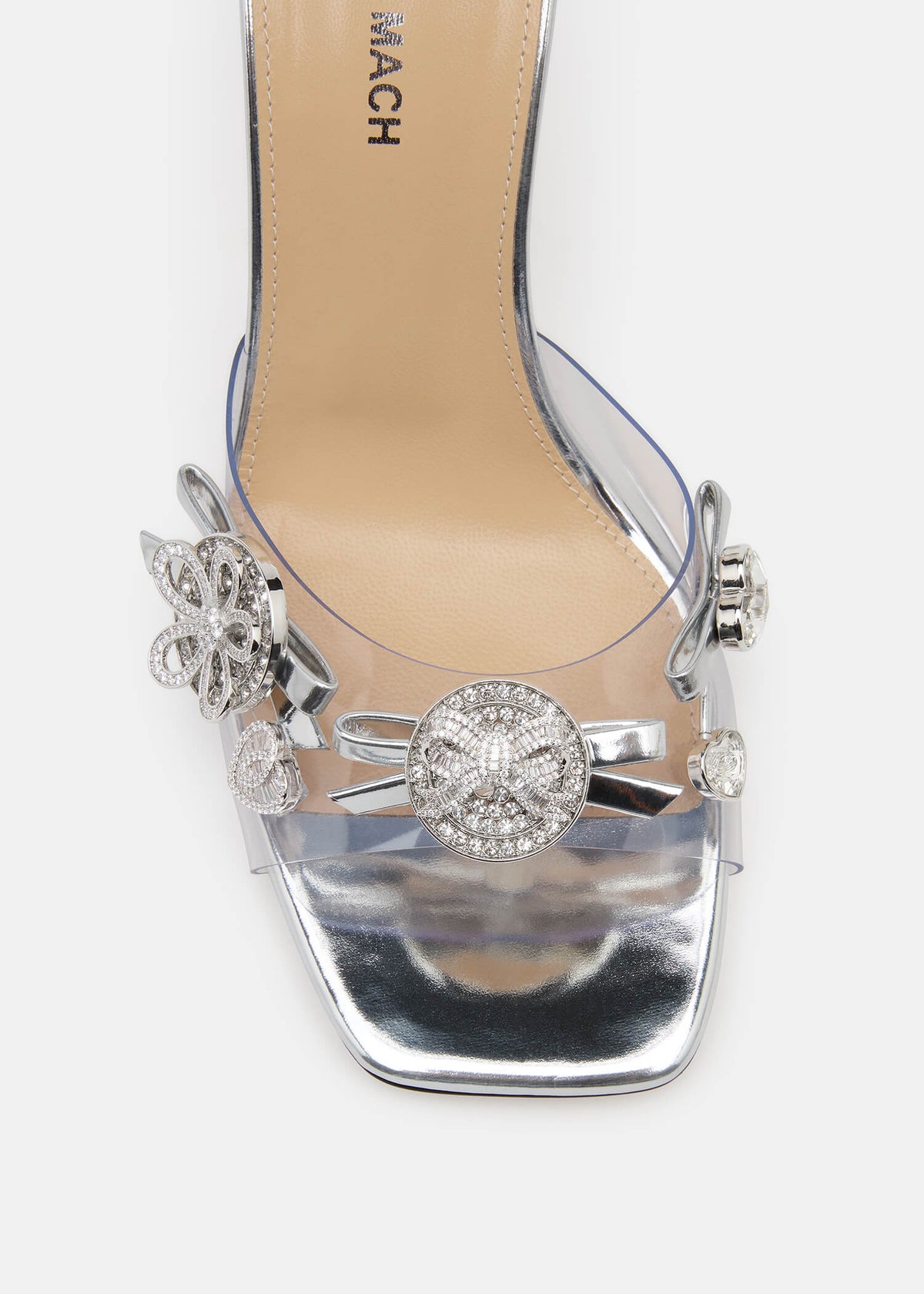 Helena Silver Crystal Mules – rear view showing crystal, Vowalisse