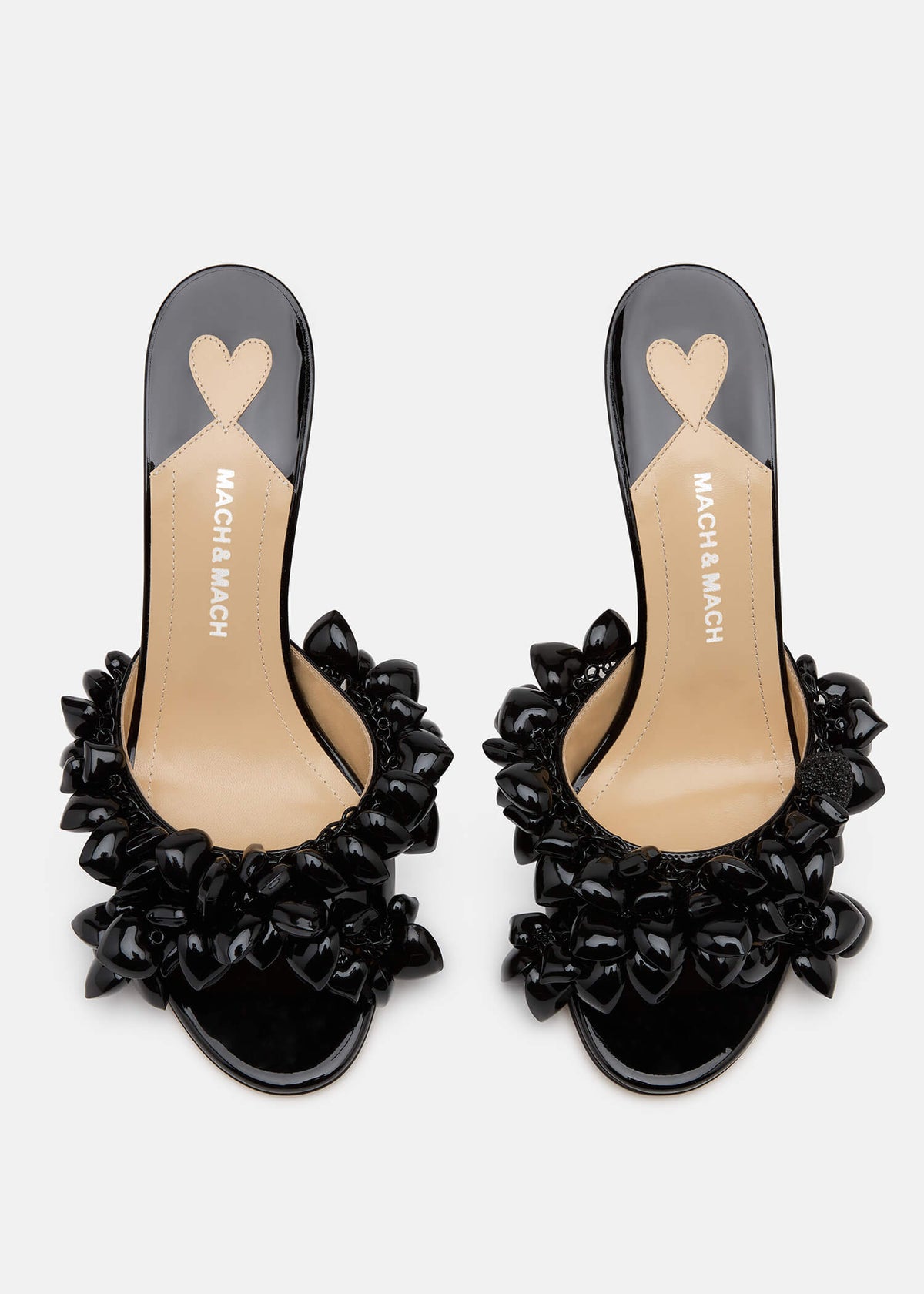 Madeleine Black Patent Leather Mules – crystal detail view showing patent leather, metallic, black, red, Vowalisse