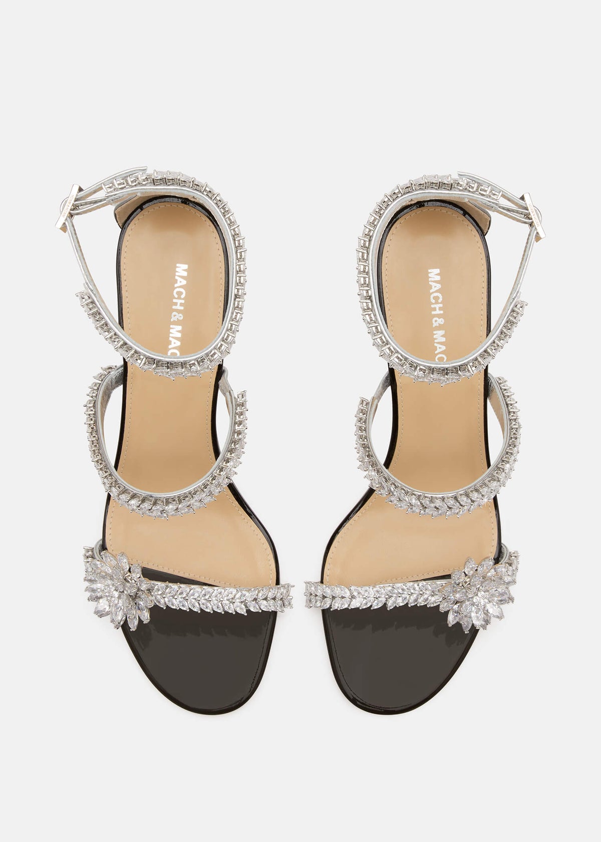 Ravella Black Lotus Flower Sandals – crystal detail view showing lotus flower, crystal, patent leather, black, Vowalisse