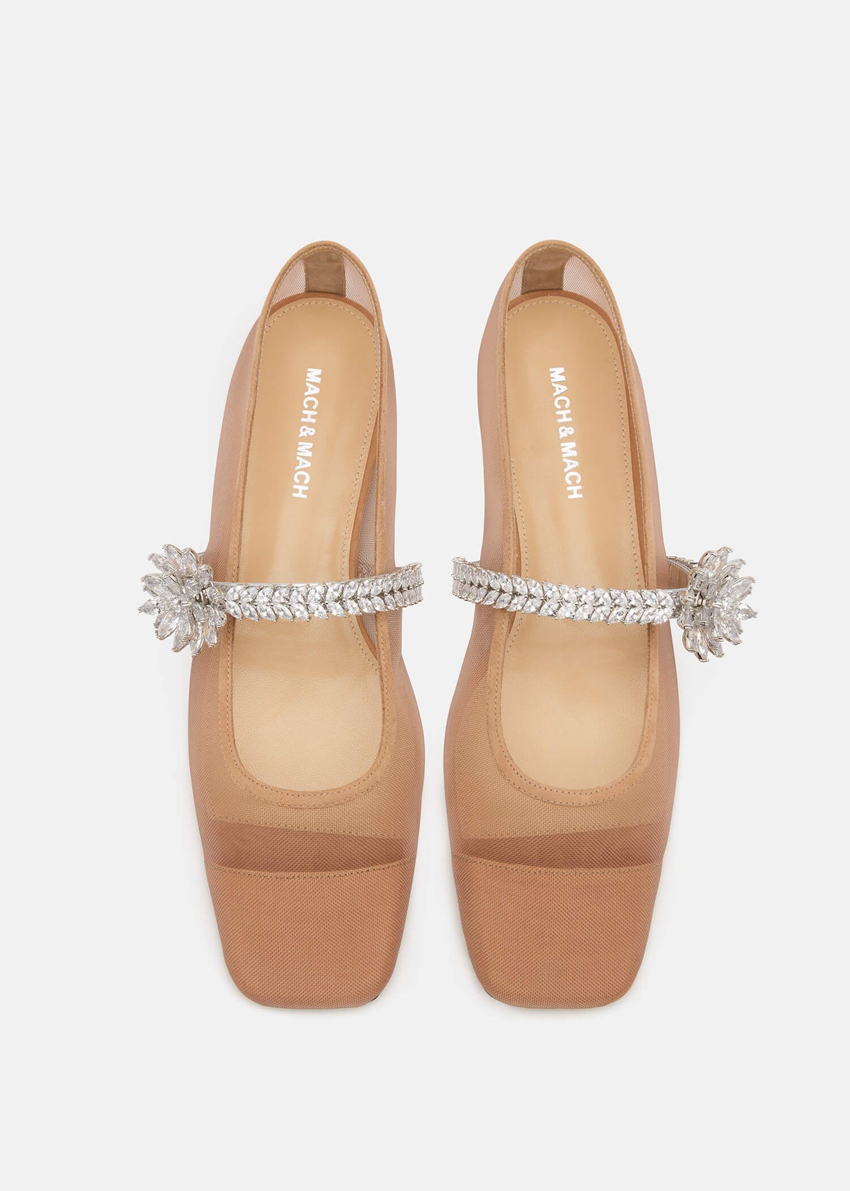 Priscilla Nude Lotus Flower Flats – crystal detail view showing lotus flower, crystal, mesh, nude, Vowalisse
