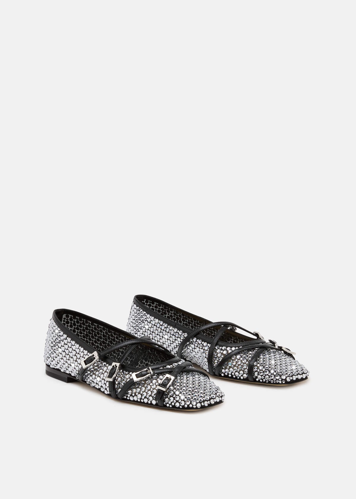 Orielle Black Crystal Net Flats – side profile showing crystal net, black, Vowalisse