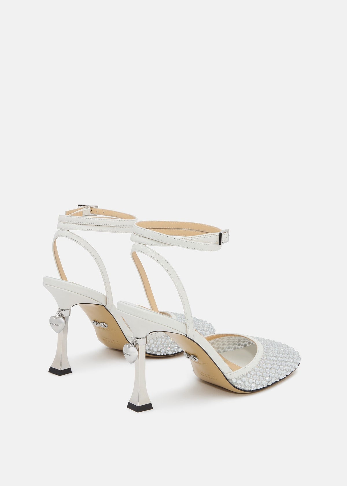 Emmeline White Crystal Shoes – heel view showing crystal, metallic, white, red, Vowalisse