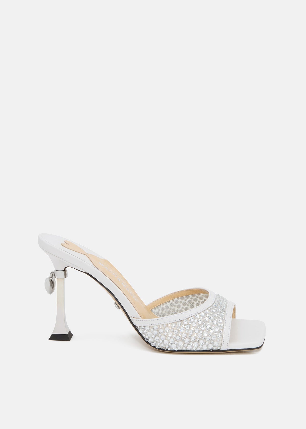 Colette White Crystal Mules – front three-quarter view showing crystal, metallic, white, red, Vowalisse