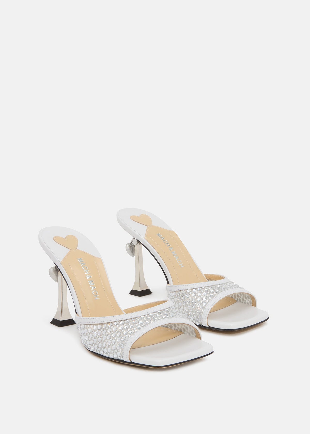Colette White Crystal Mules – side profile showing crystal, metallic, white, red, Vowalisse